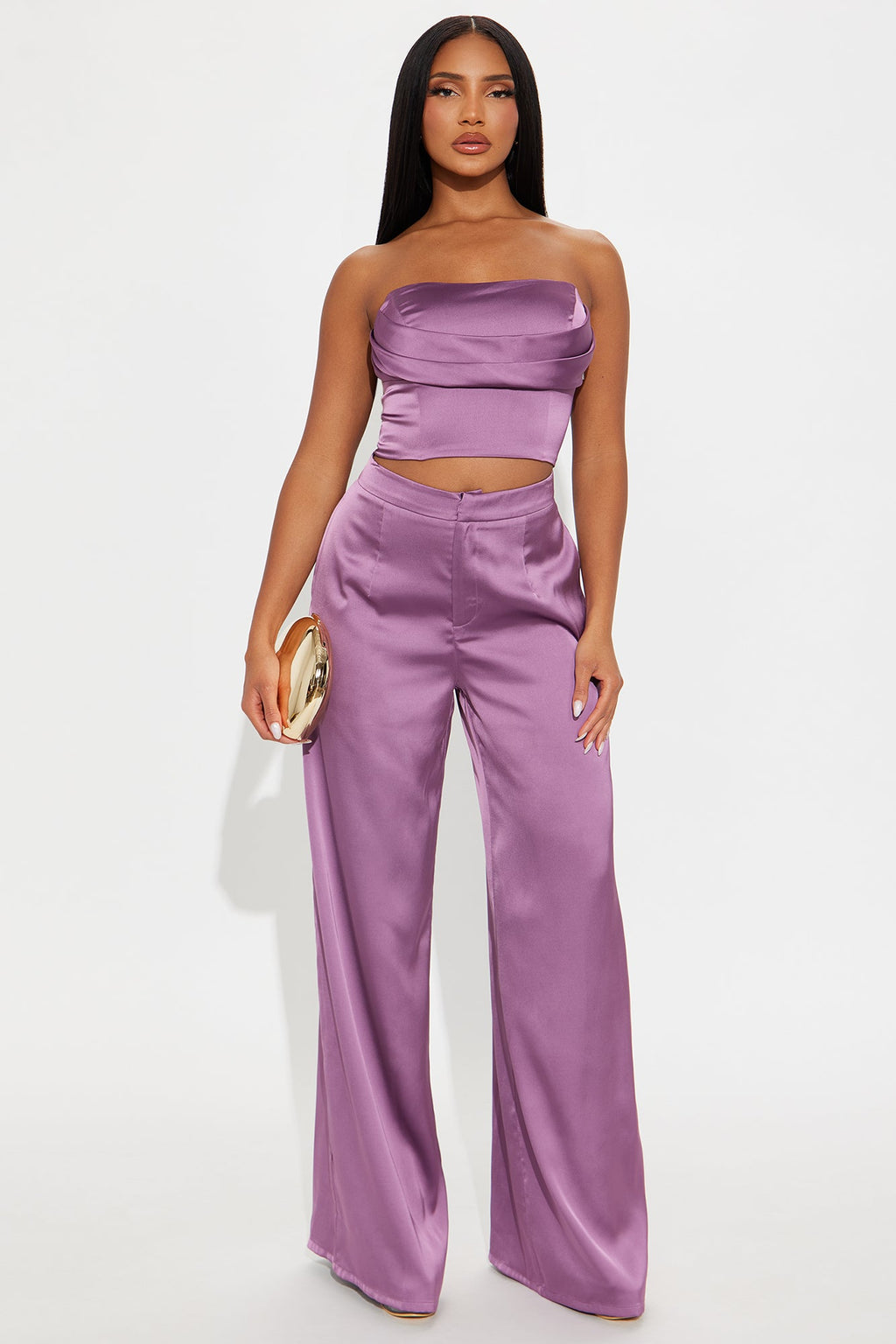 Glossy Girl Satin Corset Pant Set - Plum
