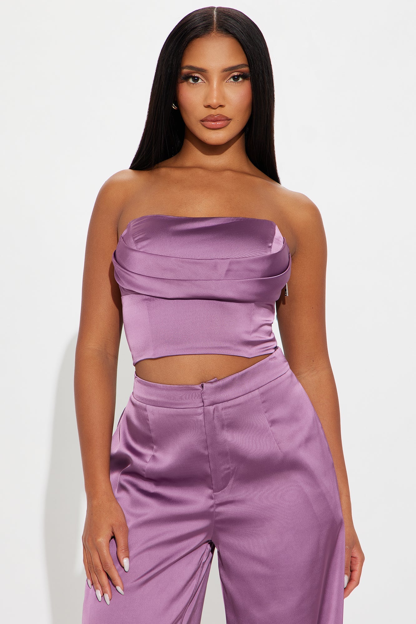 Glossy Girl Satin Corset Pant Set - Plum