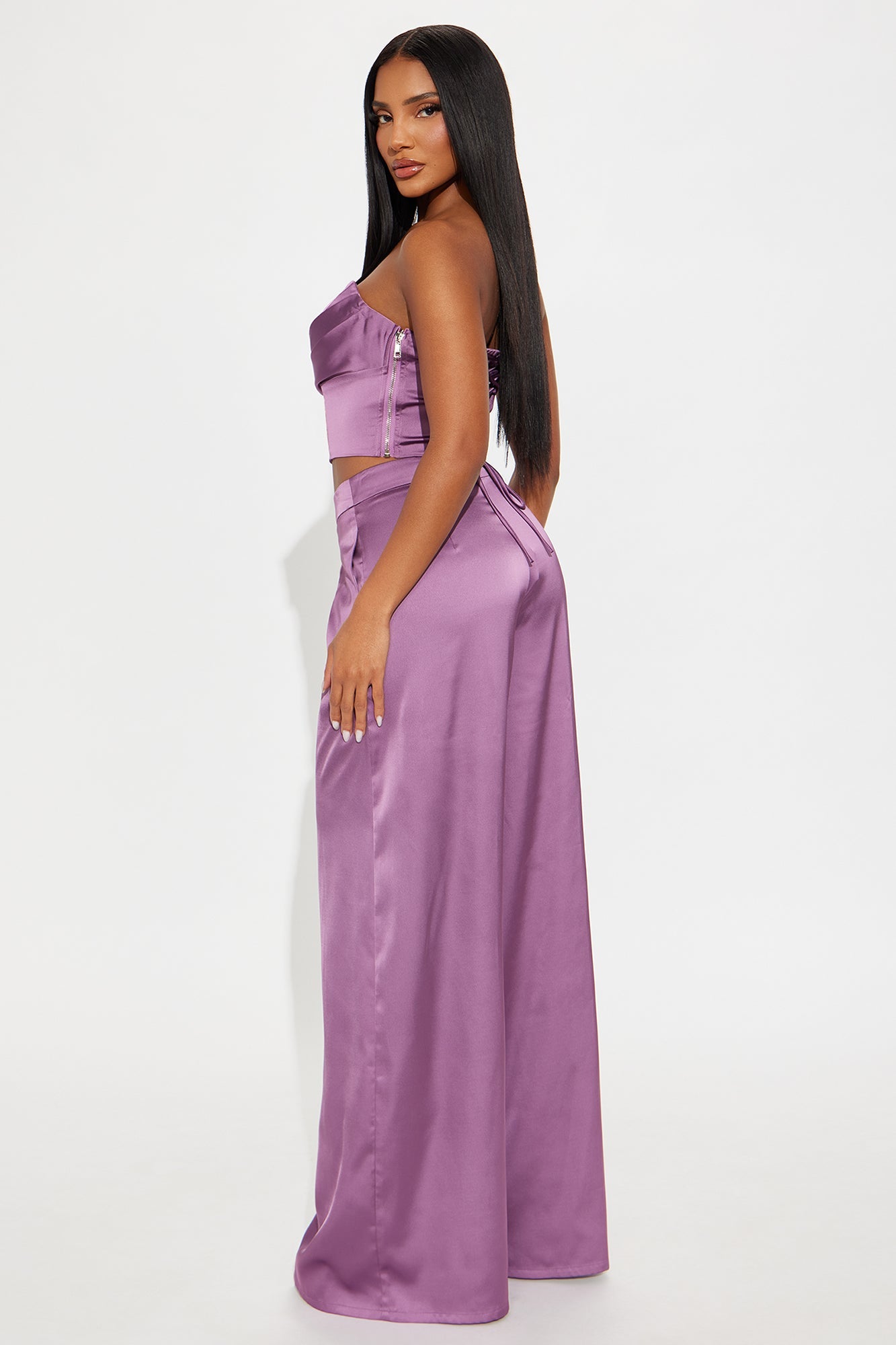 Glossy Girl Satin Corset Pant Set - Plum