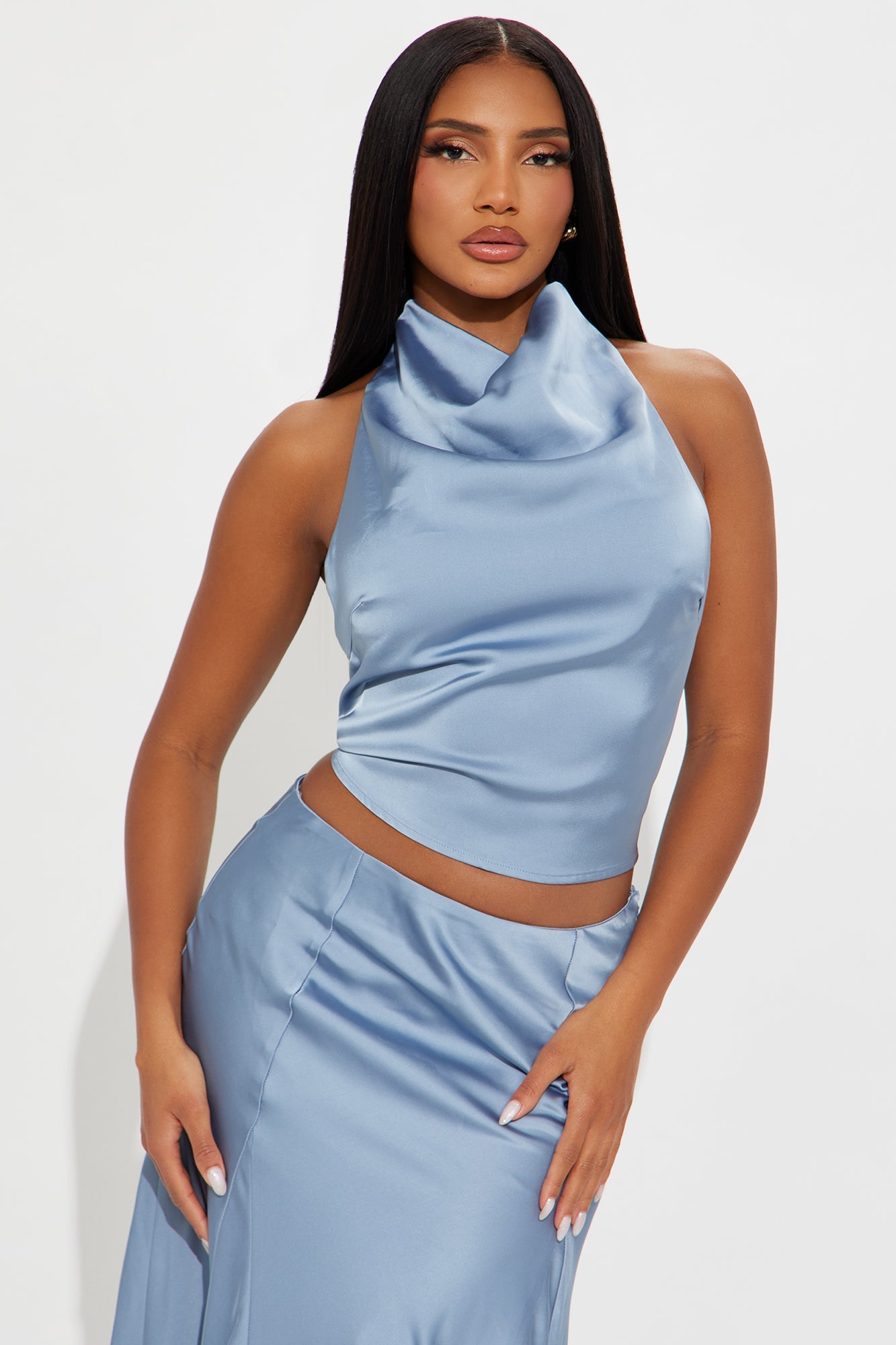 Elegant Hour Satin Halter Maxi Skirt Set - Periwinkle 