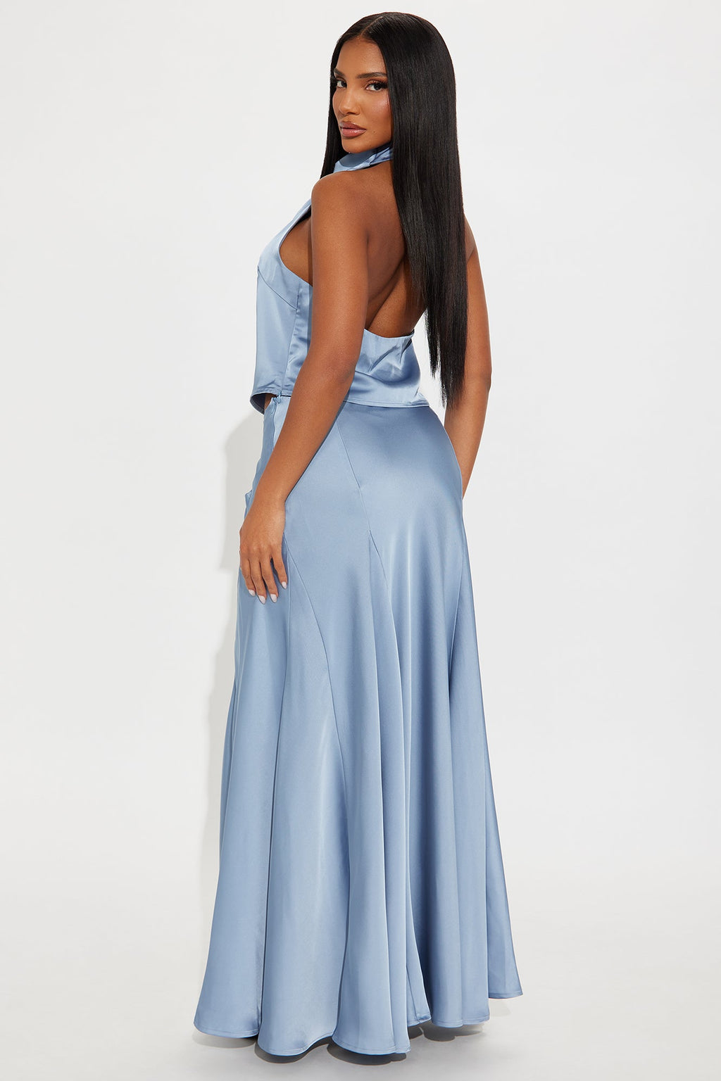 Elegant Hour Satin Halter Maxi Skirt Set - Periwinkle 