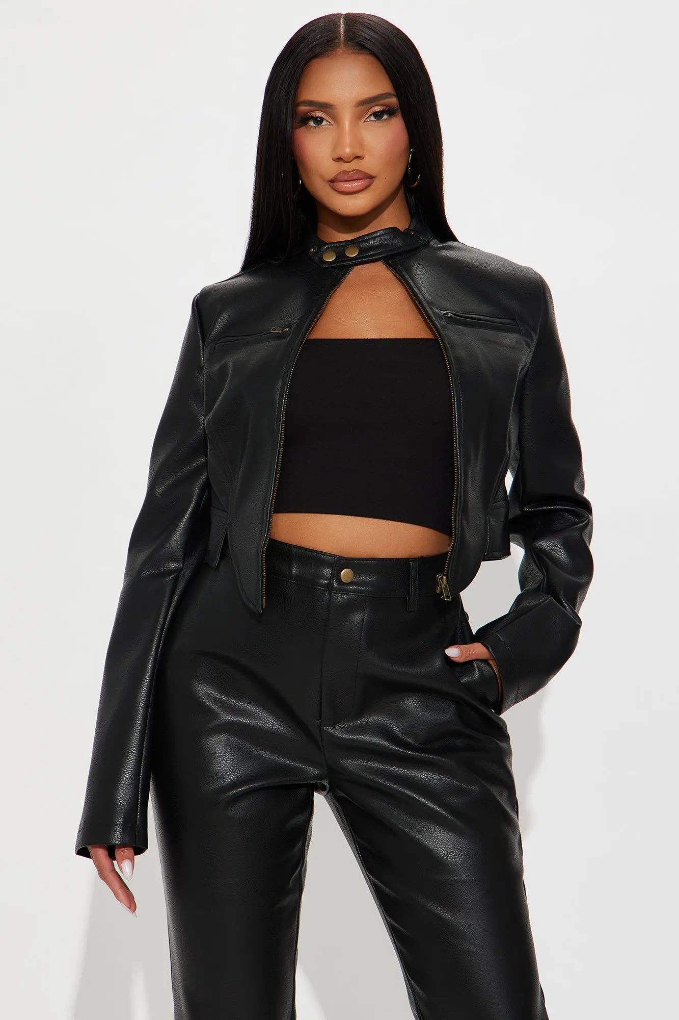 Lilian Moto Faux Leather Pant Set - Black 