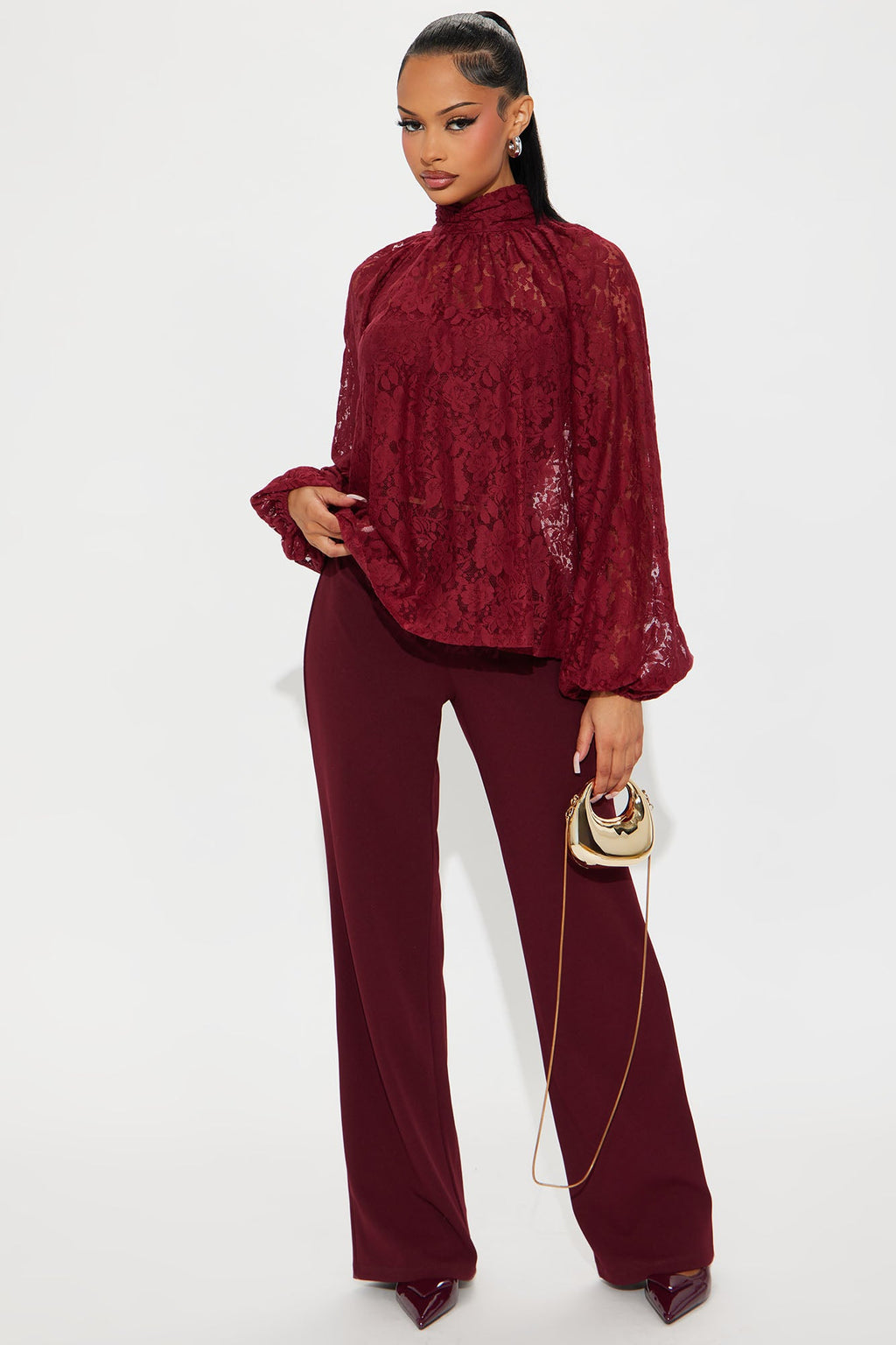 Finer Taste 2 Piece Lace Shirt Set - Wine
