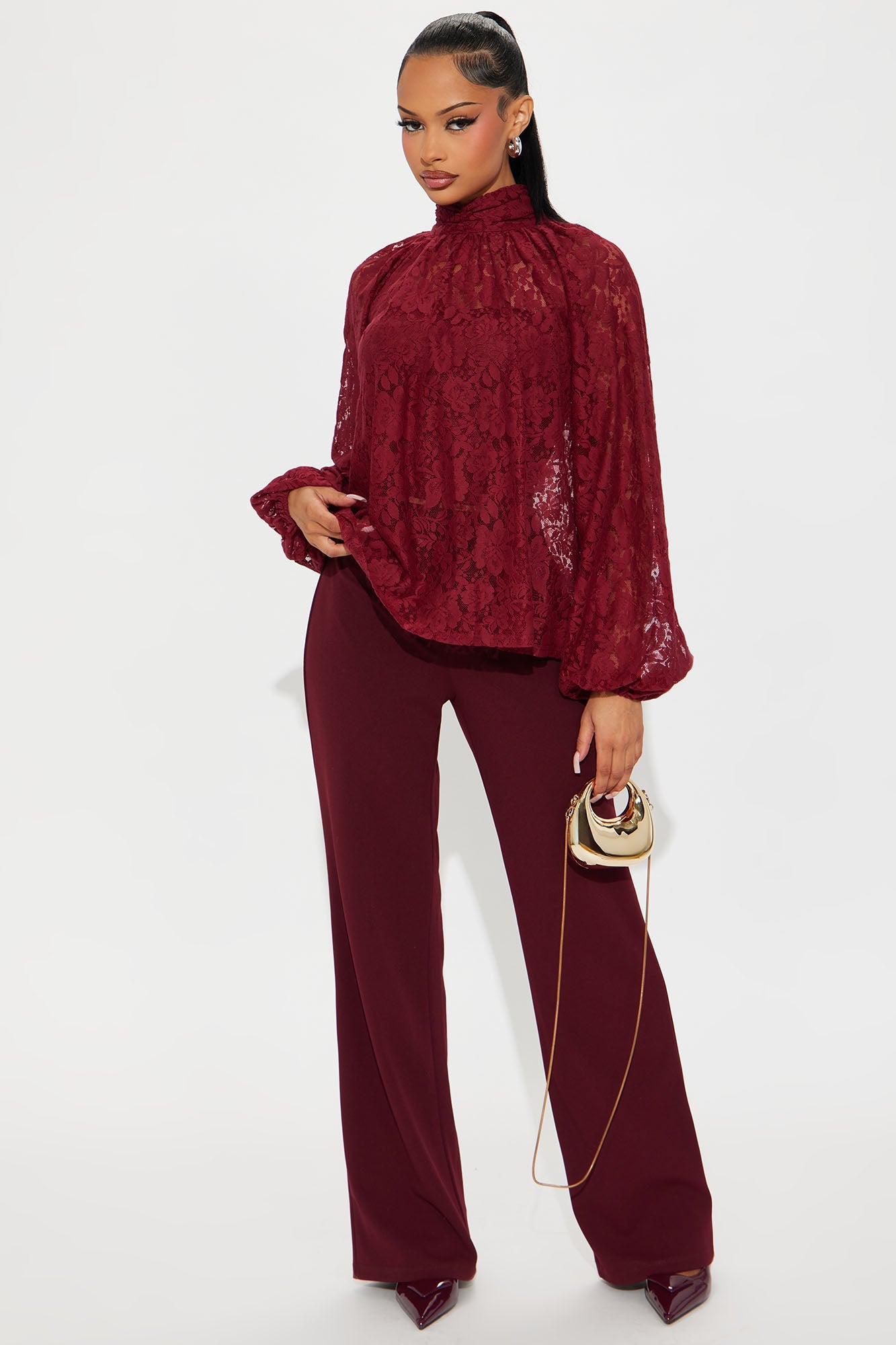 Finer Taste 2 Piece Lace Shirt Set - Wine