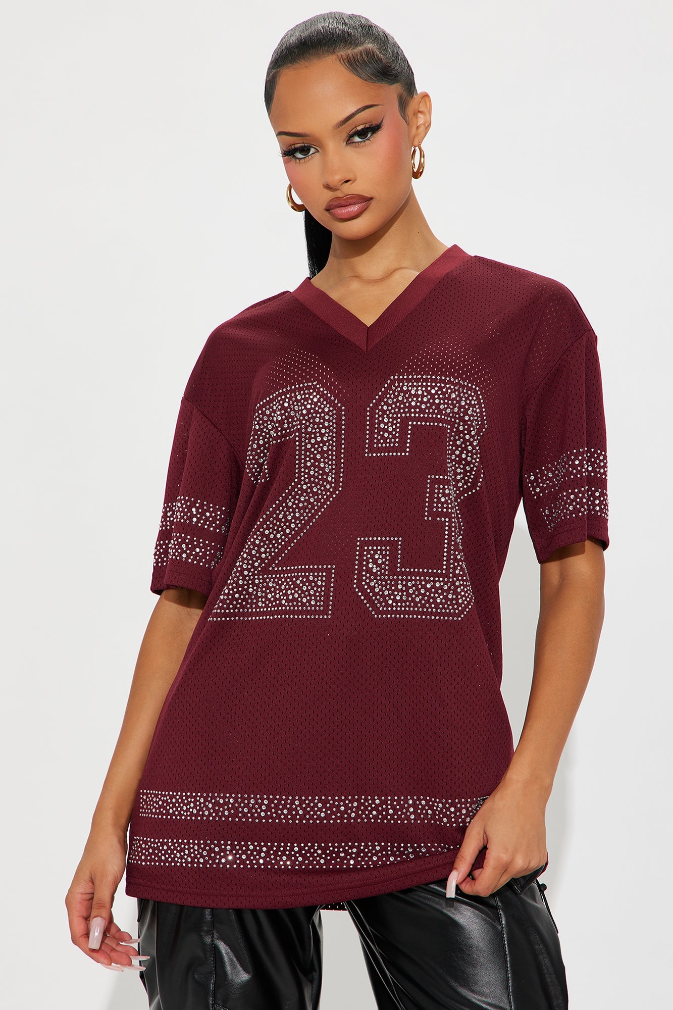 23 Rhinestone Jersey Tee - Burgundy