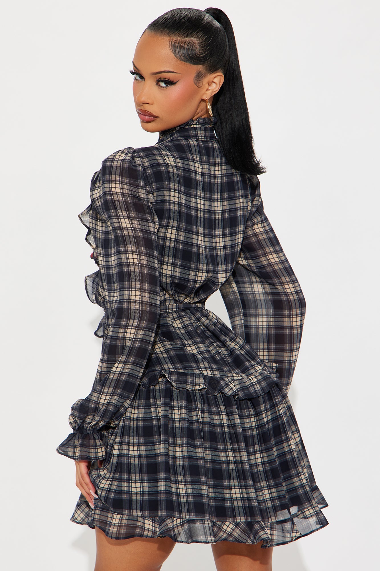 Abbie Ruffle Plaid Chiffon Mini Dress - Black/combo