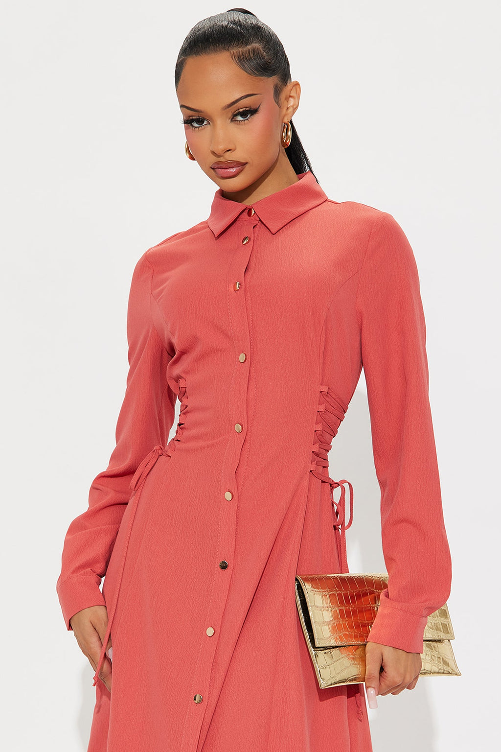 Josephine Collar Long Sleeve Midi Dress - Marsala