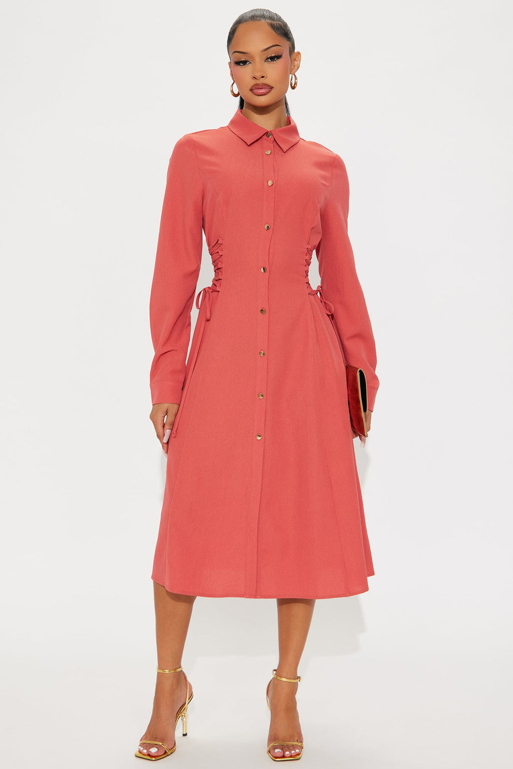 Josephine Collar Long Sleeve Midi Dress - Marsala