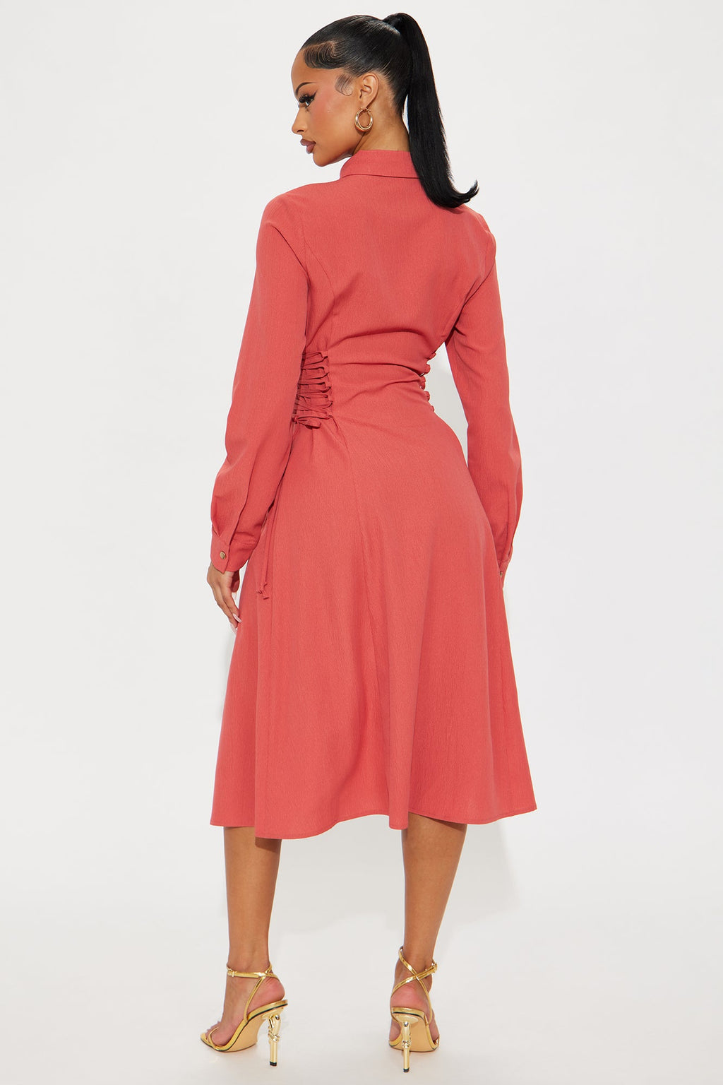 Josephine Collar Long Sleeve Midi Dress - Marsala