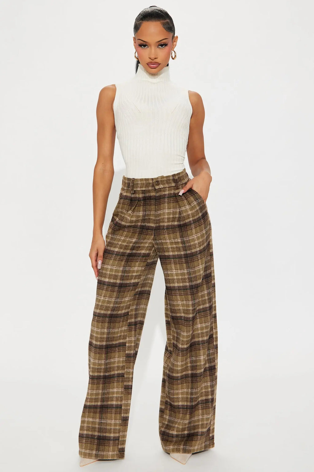 Out Your League Plaid Wide Leg Pant 33″ - Brown/combo 