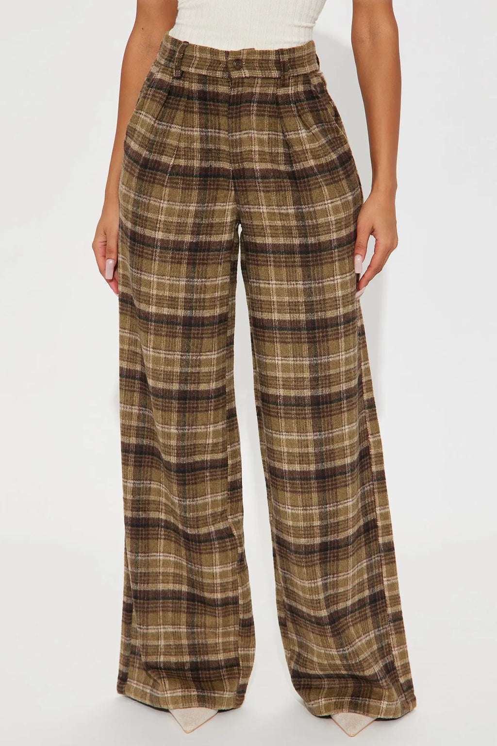 Out Your League Plaid Wide Leg Pant 33″ - Brown/combo 