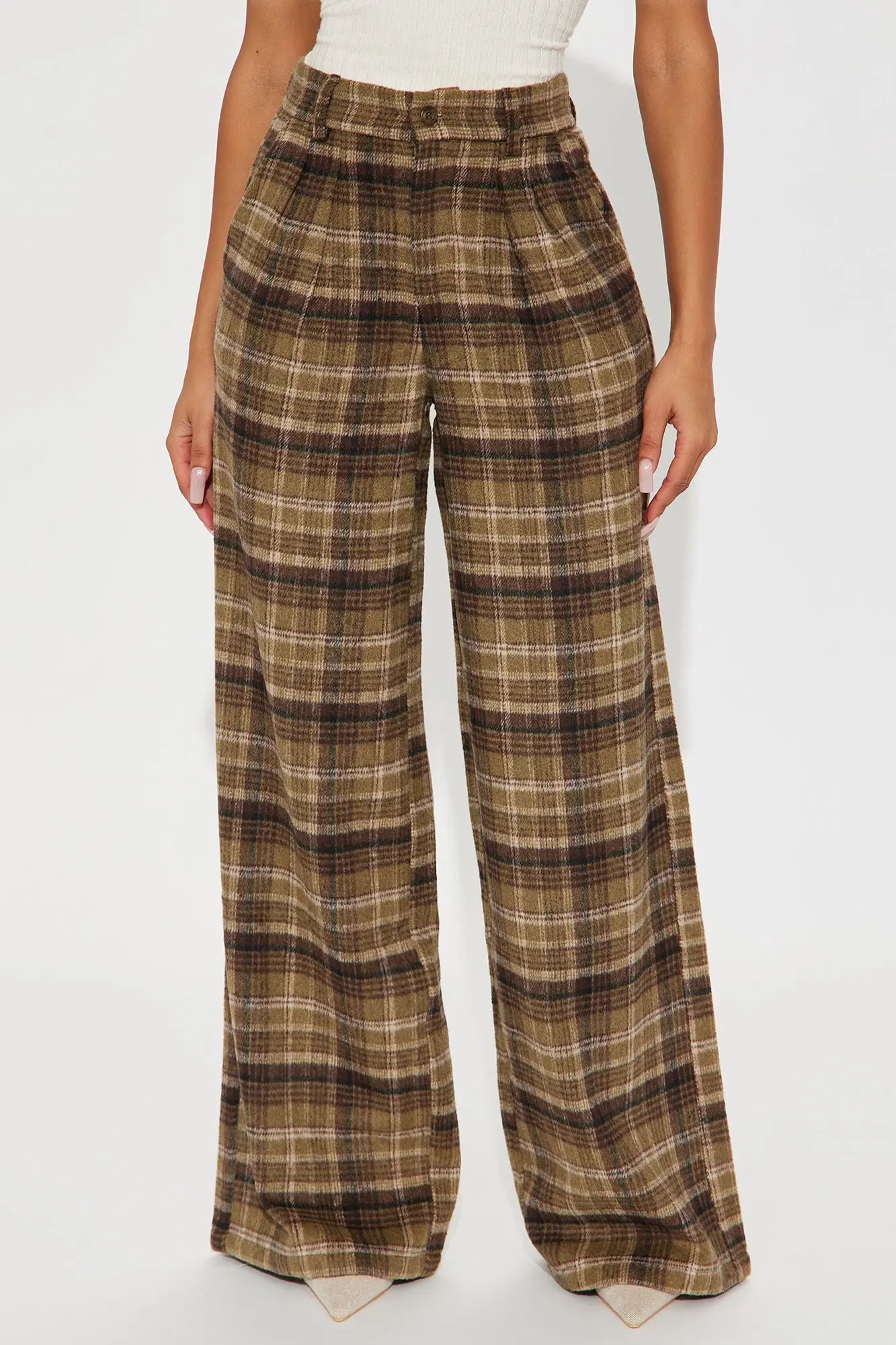 Out Your League Plaid Wide Leg Pant 33″ - Brown/combo 