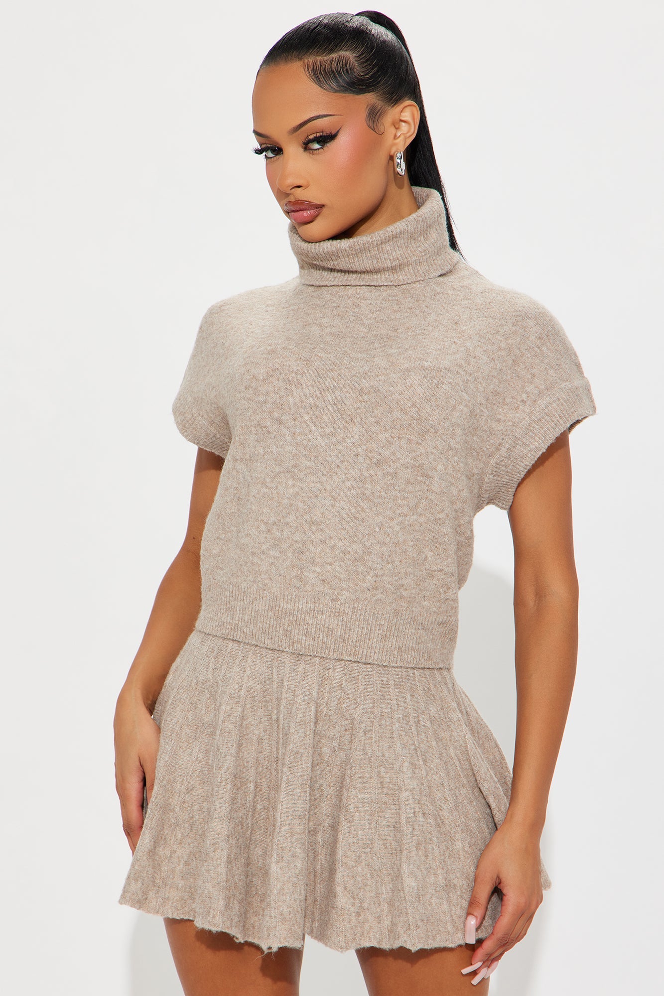 Alway Poised Sweater Pleated Skirt Set - Taupe