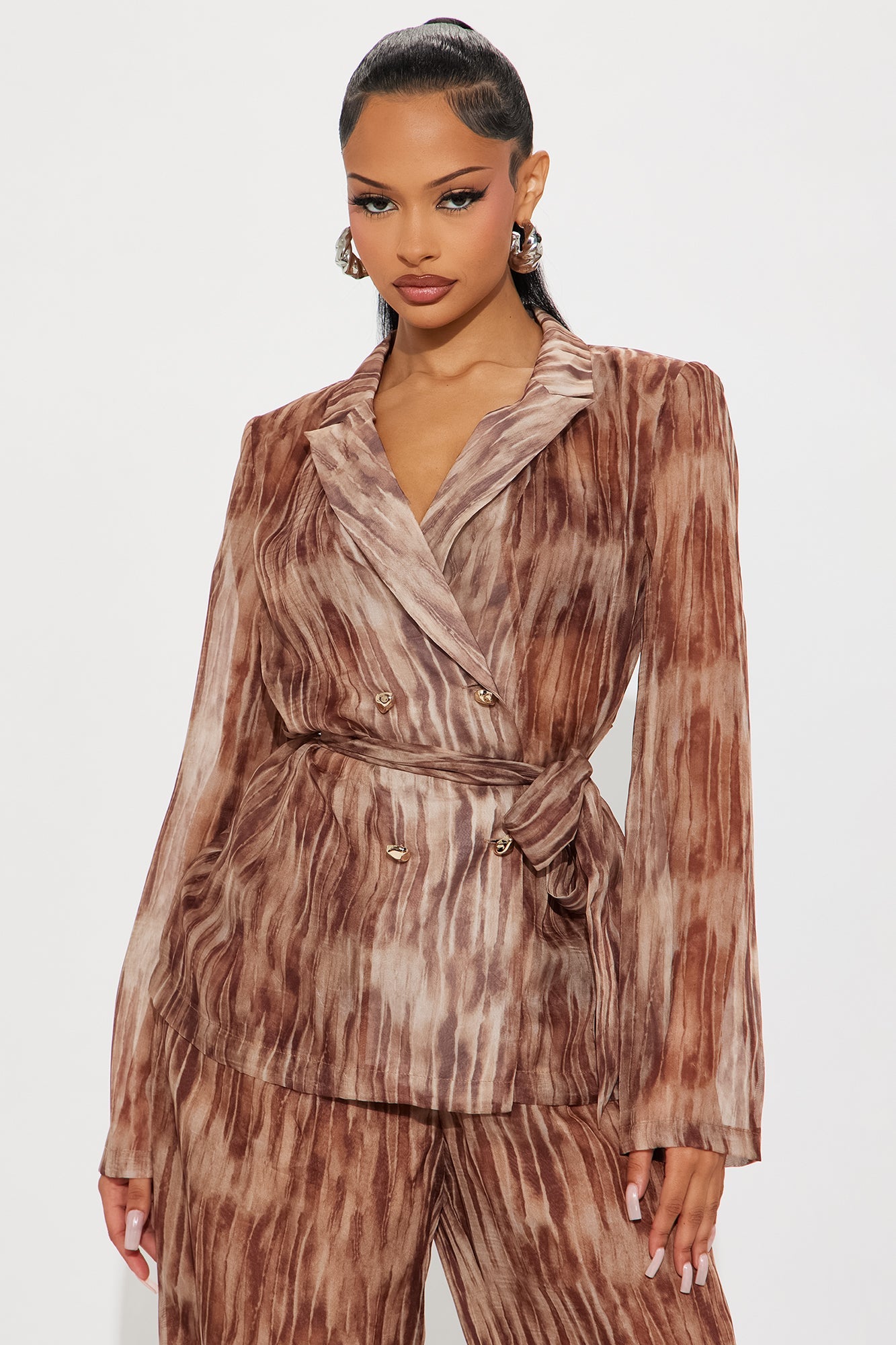 Grace Sheer Blazer Pant Set - Brown/combo 
