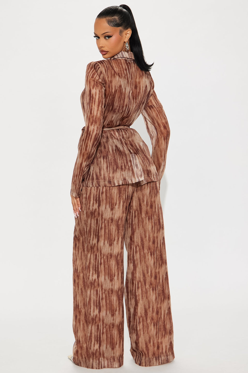 Grace Sheer Blazer Pant Set - Brown/combo 