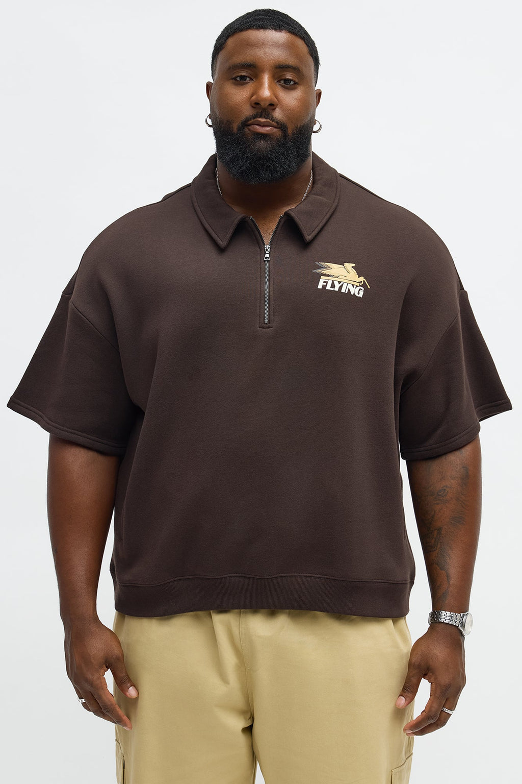 Tyson OversizedWe Fly Quarter Zip Short Sleeve Sweatshirt - Brown