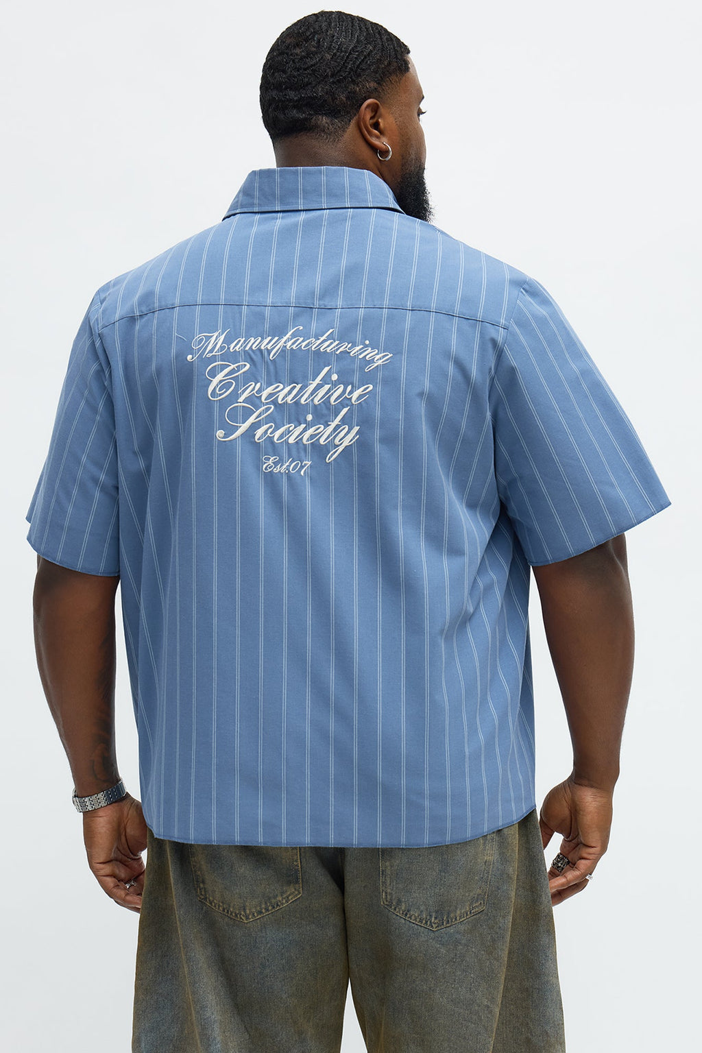 Creative Society Raw Hem Mechanic Button Up Shirt  - Blue