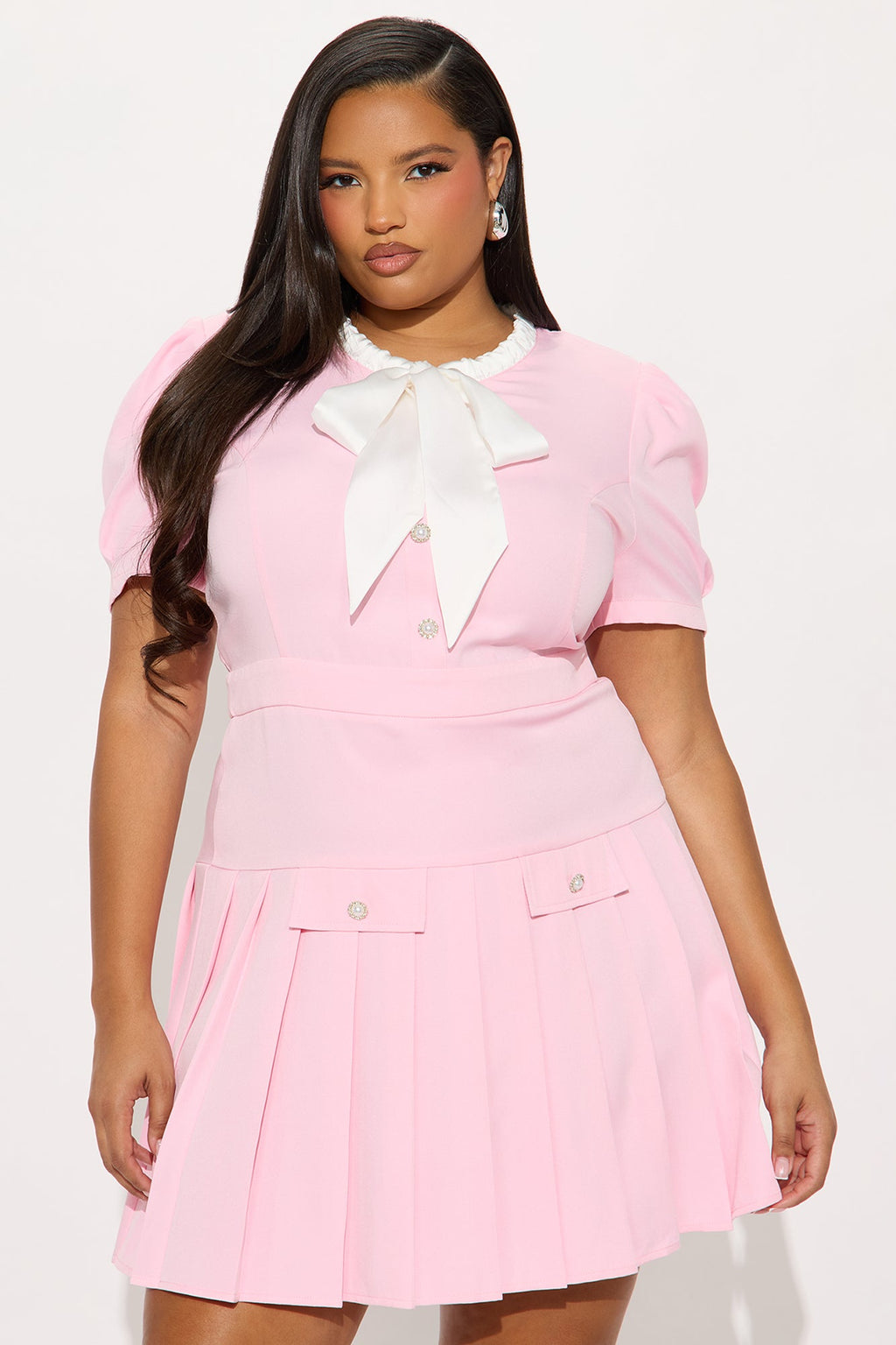 Angela Bow Pleated Mini Dress - Pink