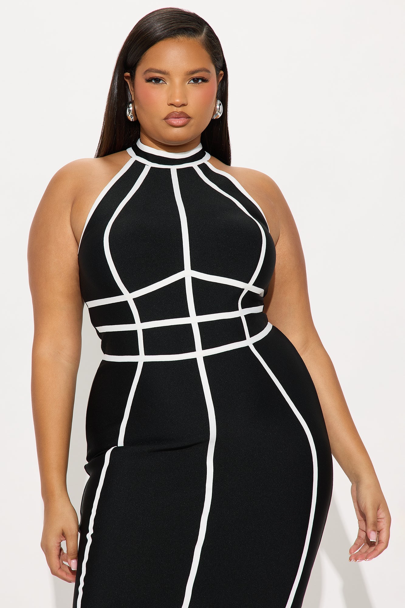 Caroline Bandage Mock Neck Midi Dress - Black/White