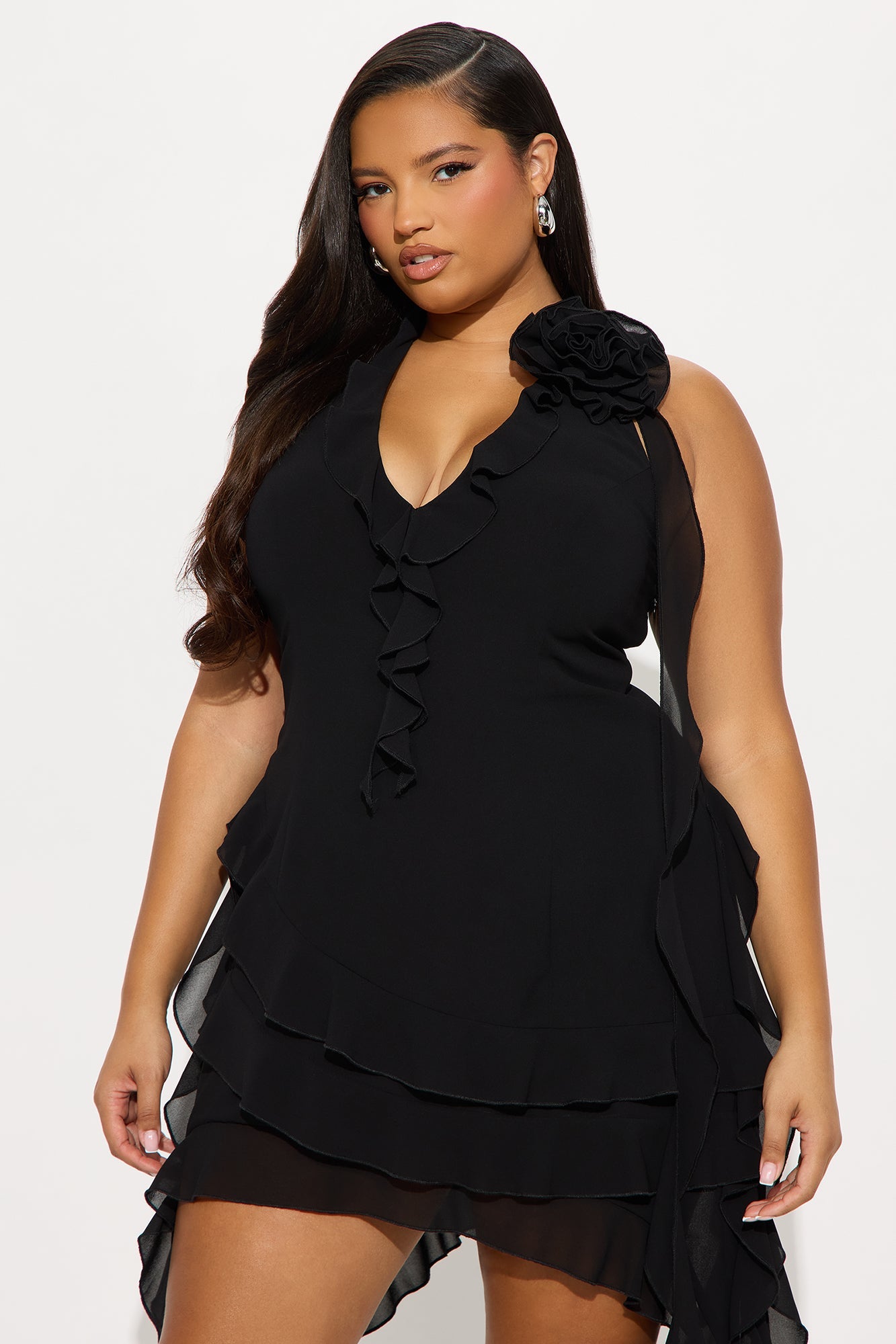 Tall Ruffles And Roses Lace Mini Dress - Black
