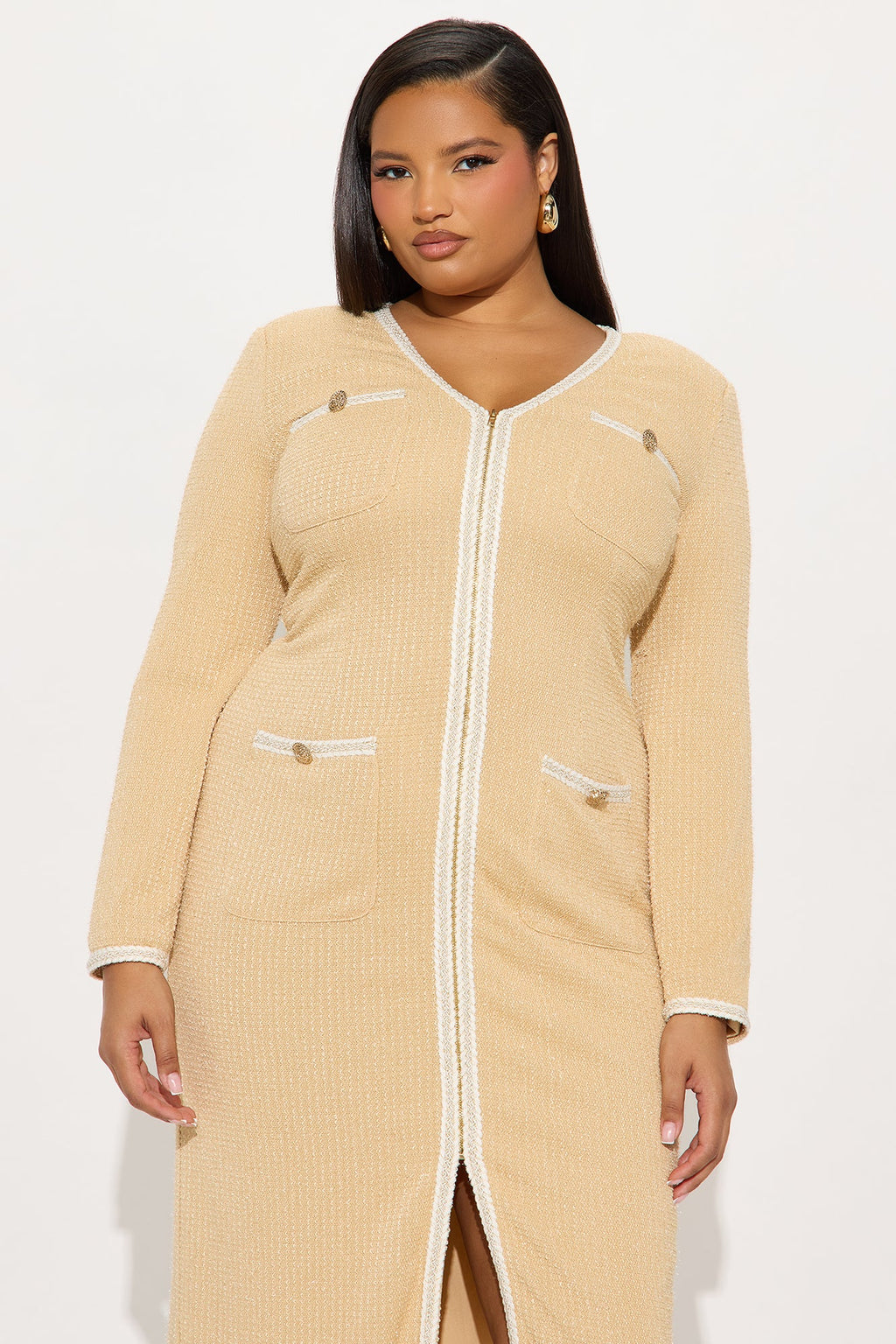 Casey Tweed Midi Dress - Khaki/combo