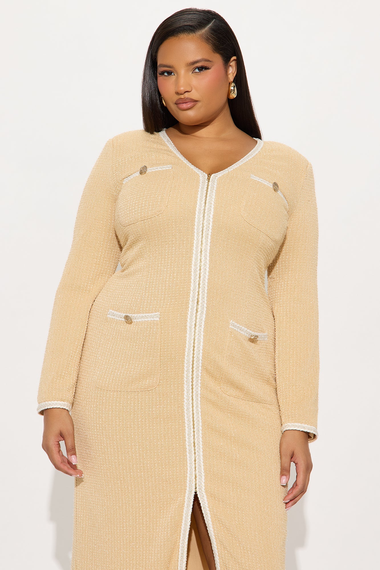 Casey Tweed Midi Dress - Khaki/combo