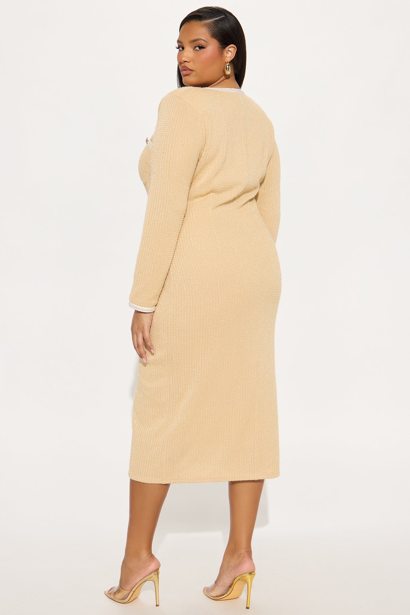 Casey Tweed Midi Dress - Khaki/combo