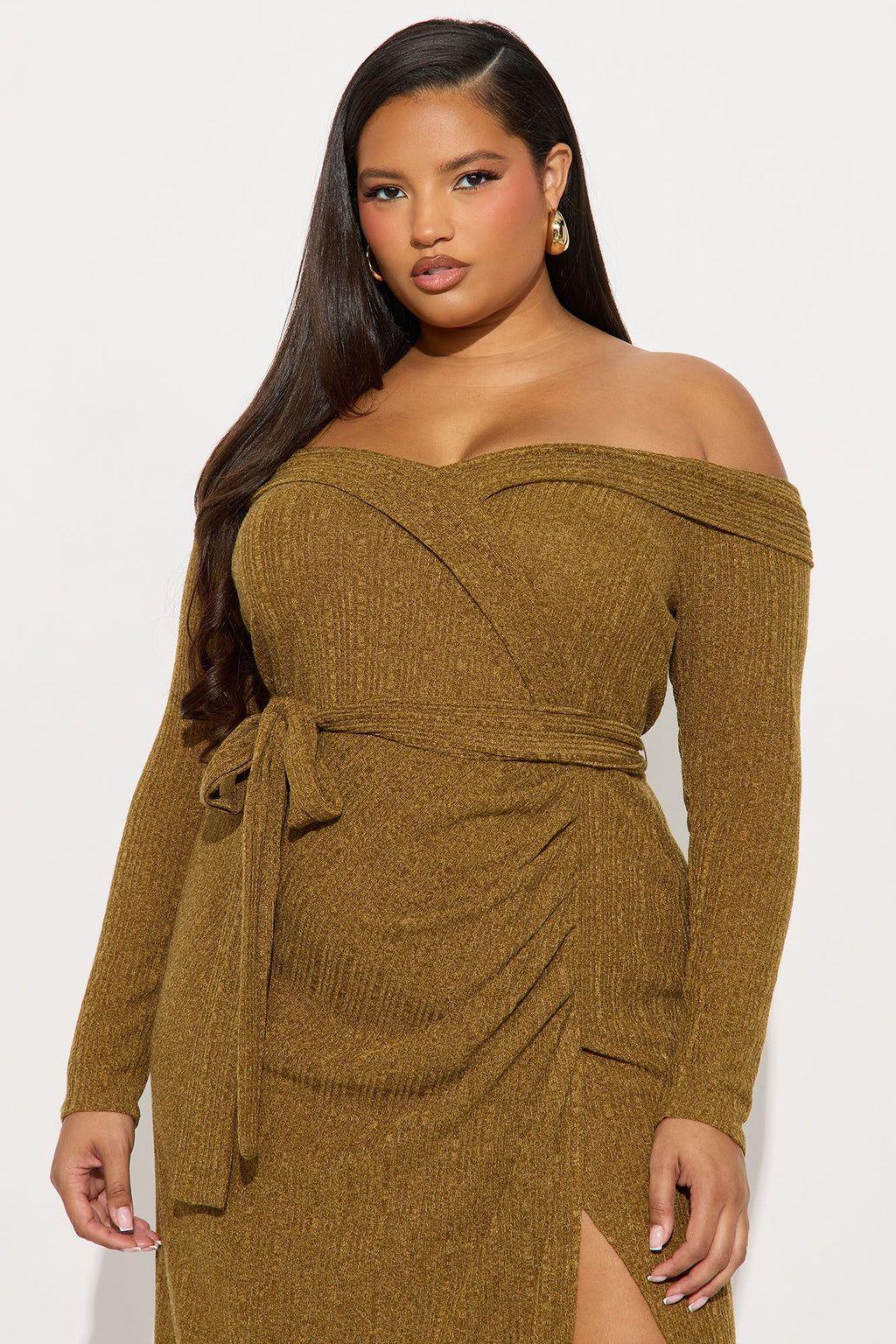 Selene Off Shoulder Sweater Maxi Dress - Olive