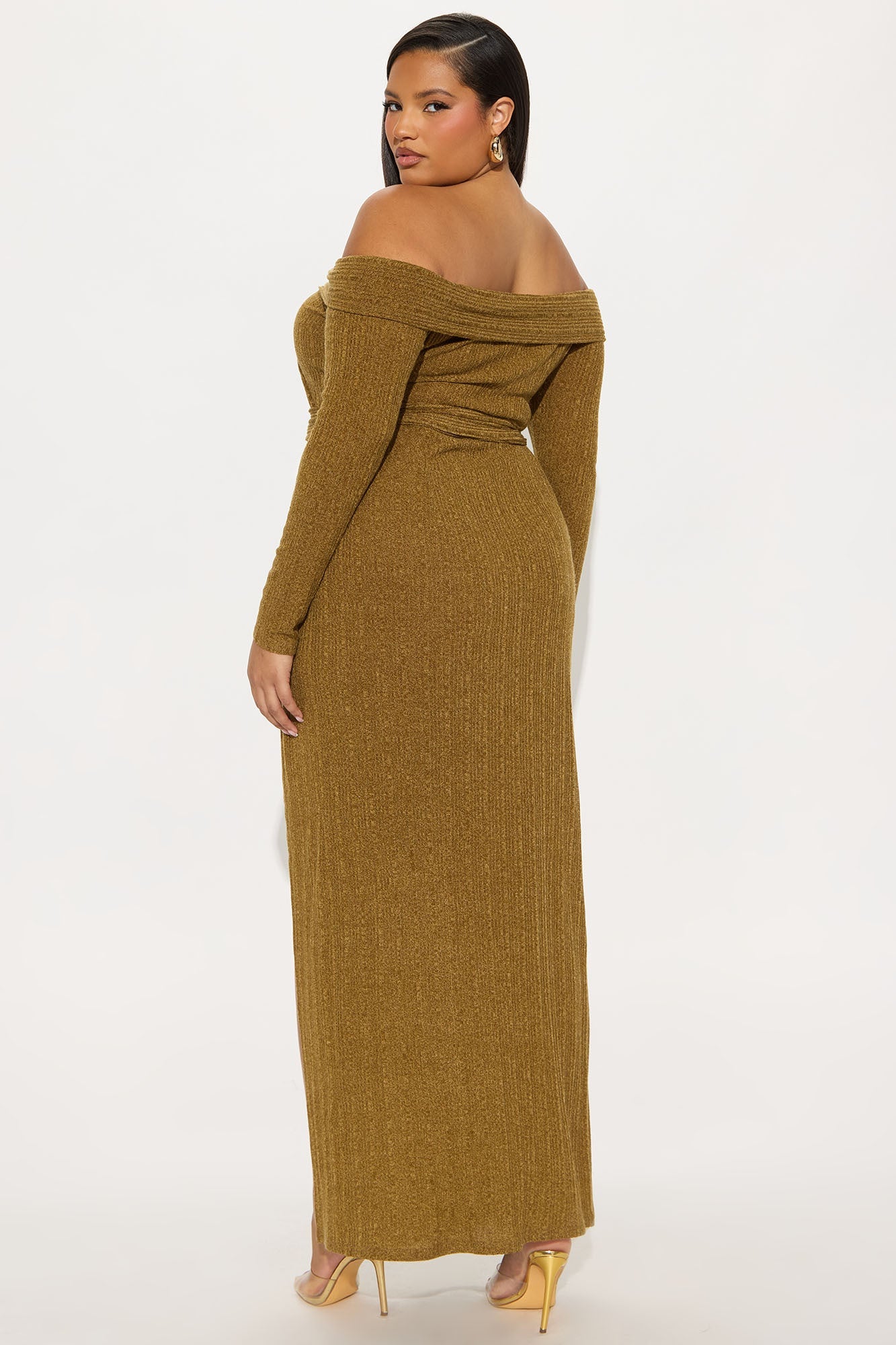Selene Off Shoulder Sweater Maxi Dress - Olive
