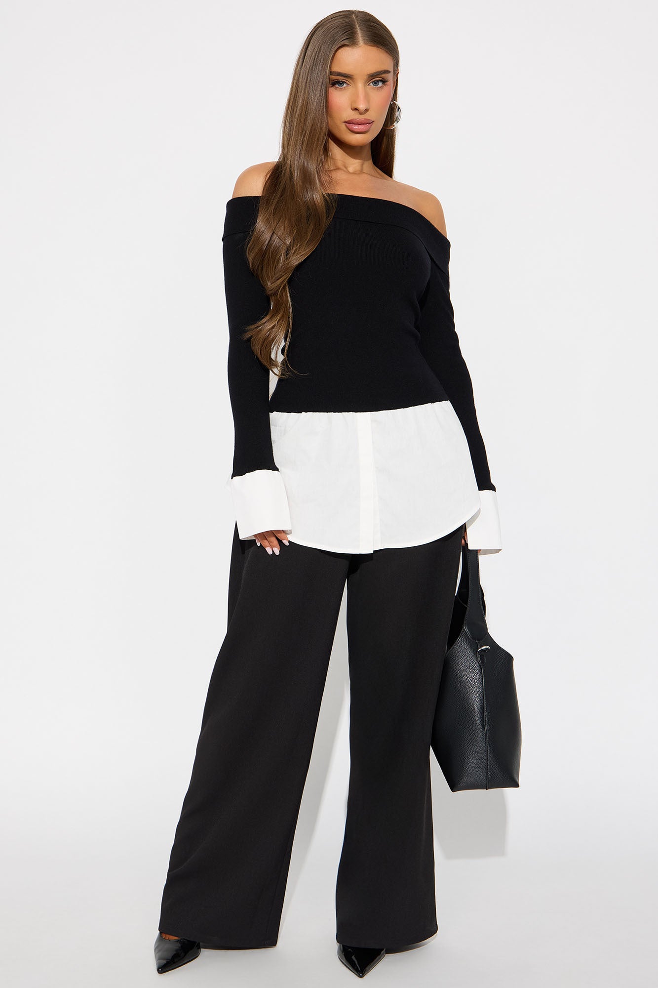Janis Set In Poplin Sweater Top - Black/White