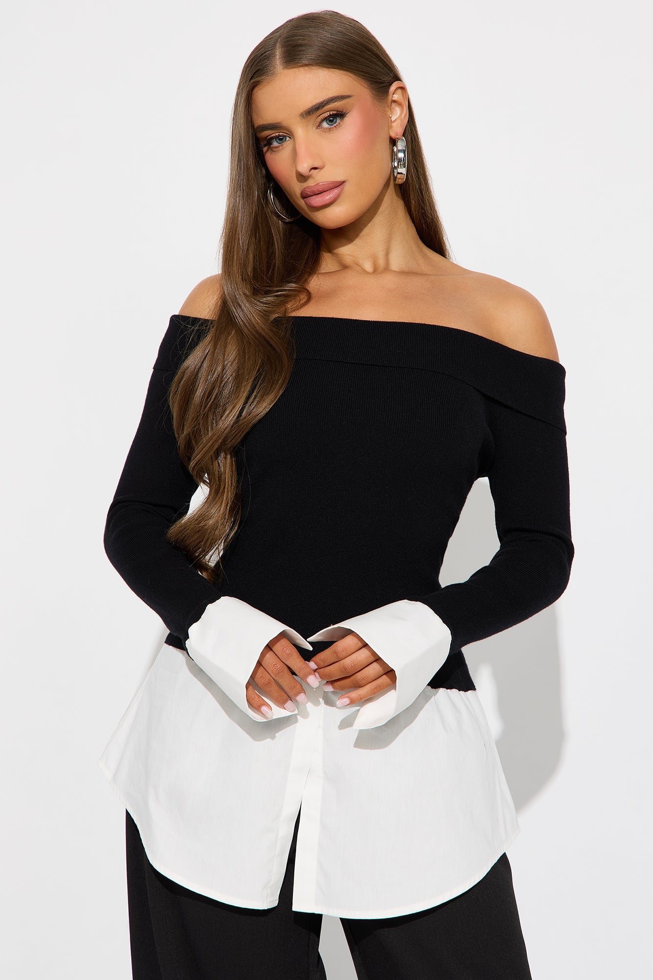 Janis Set In Poplin Sweater Top - Black/White