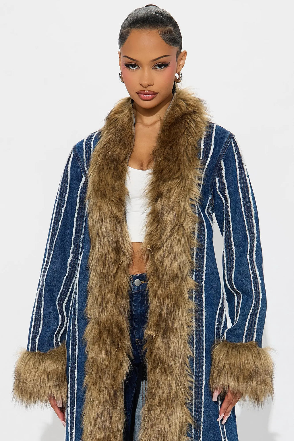 Uptown Faux Fur Denim Coat - Medium Wash 