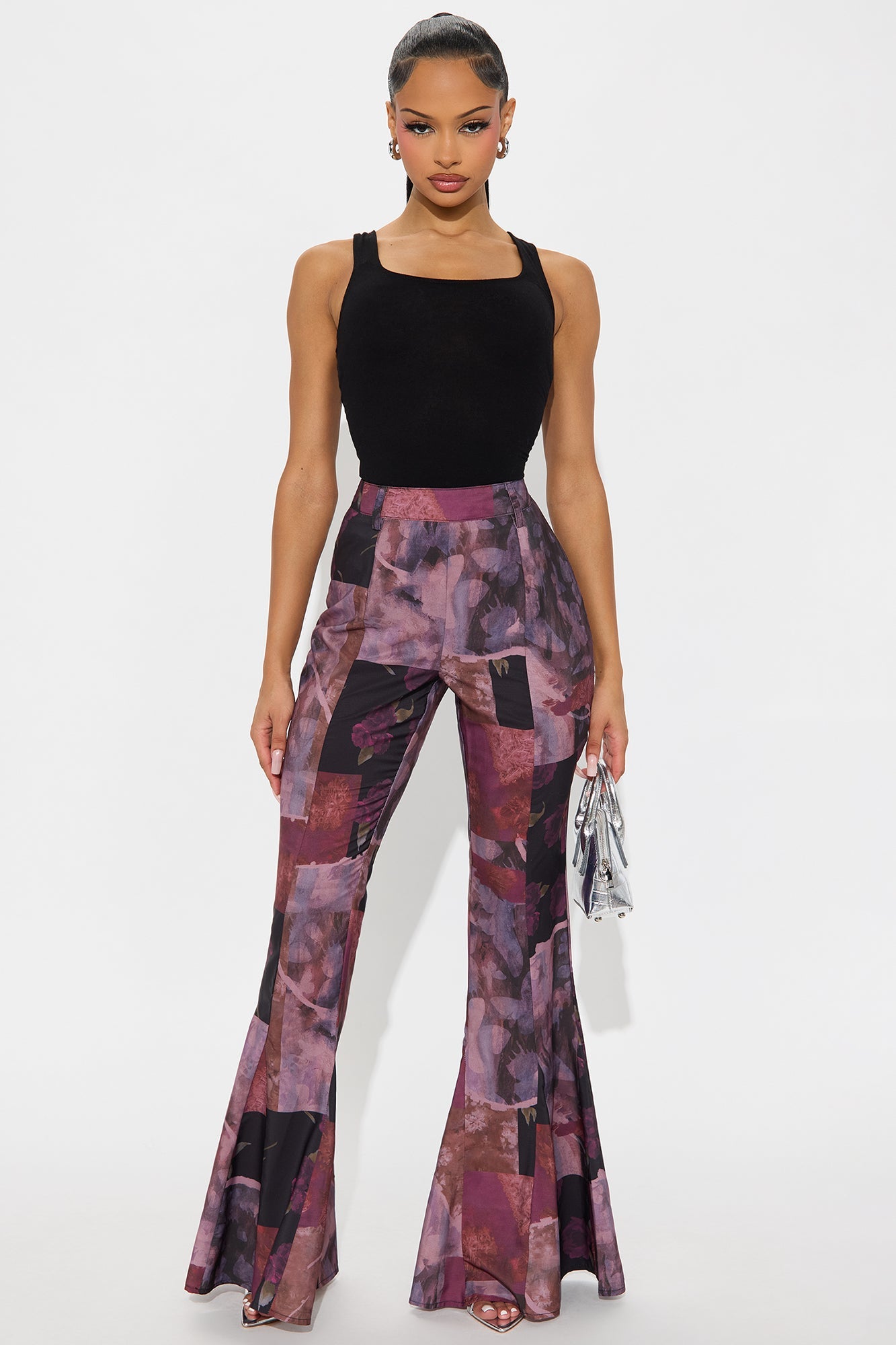 Winnie Abstract Floral Flare Pant 34″ - Plum/Multi