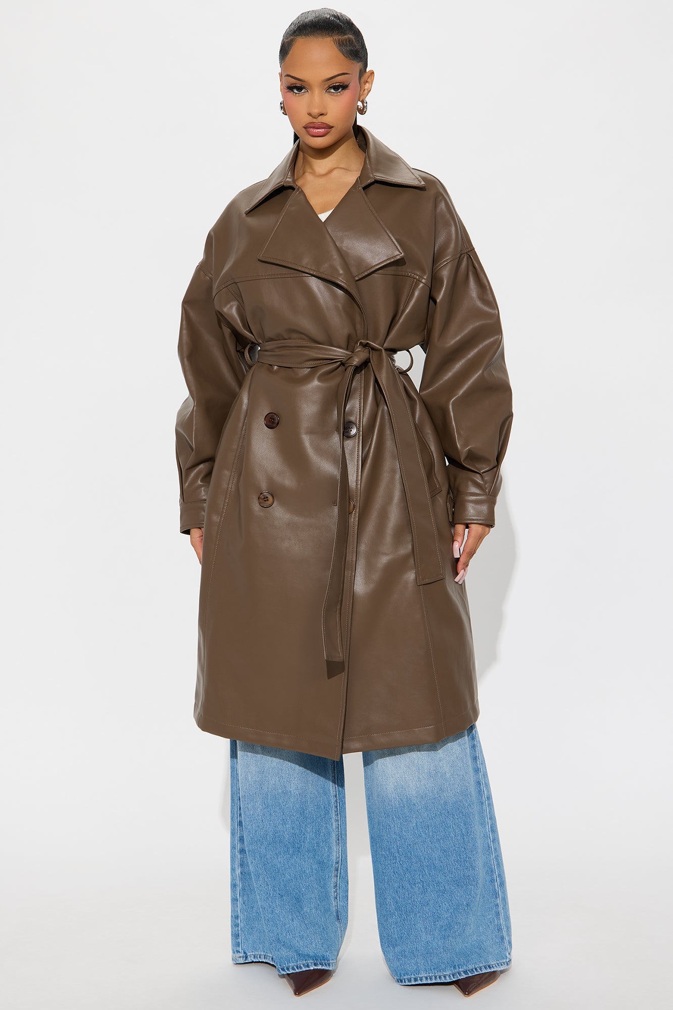 Celeste Faux Leather Trench - Brown