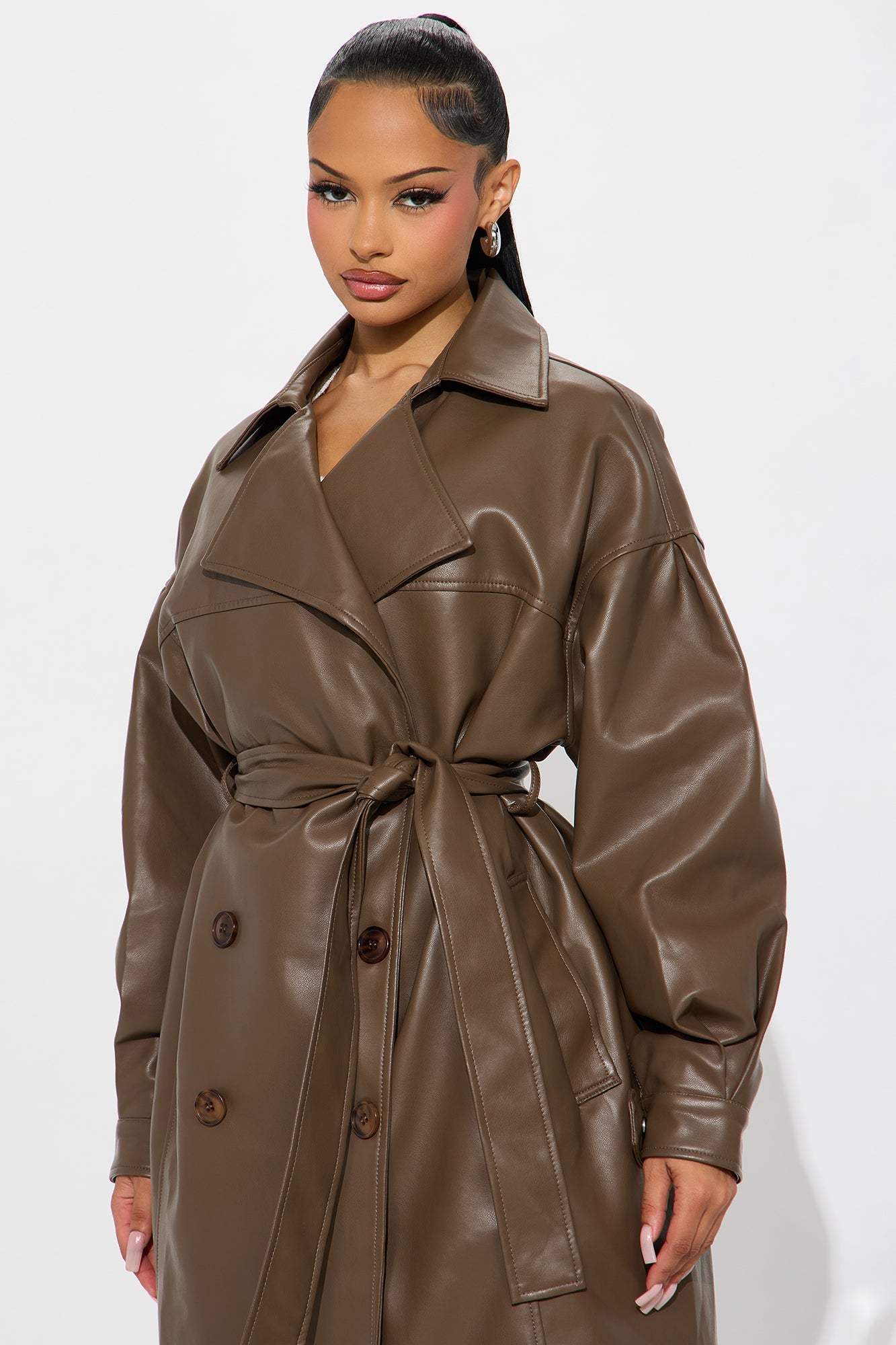 Celeste Faux Leather Trench - Brown