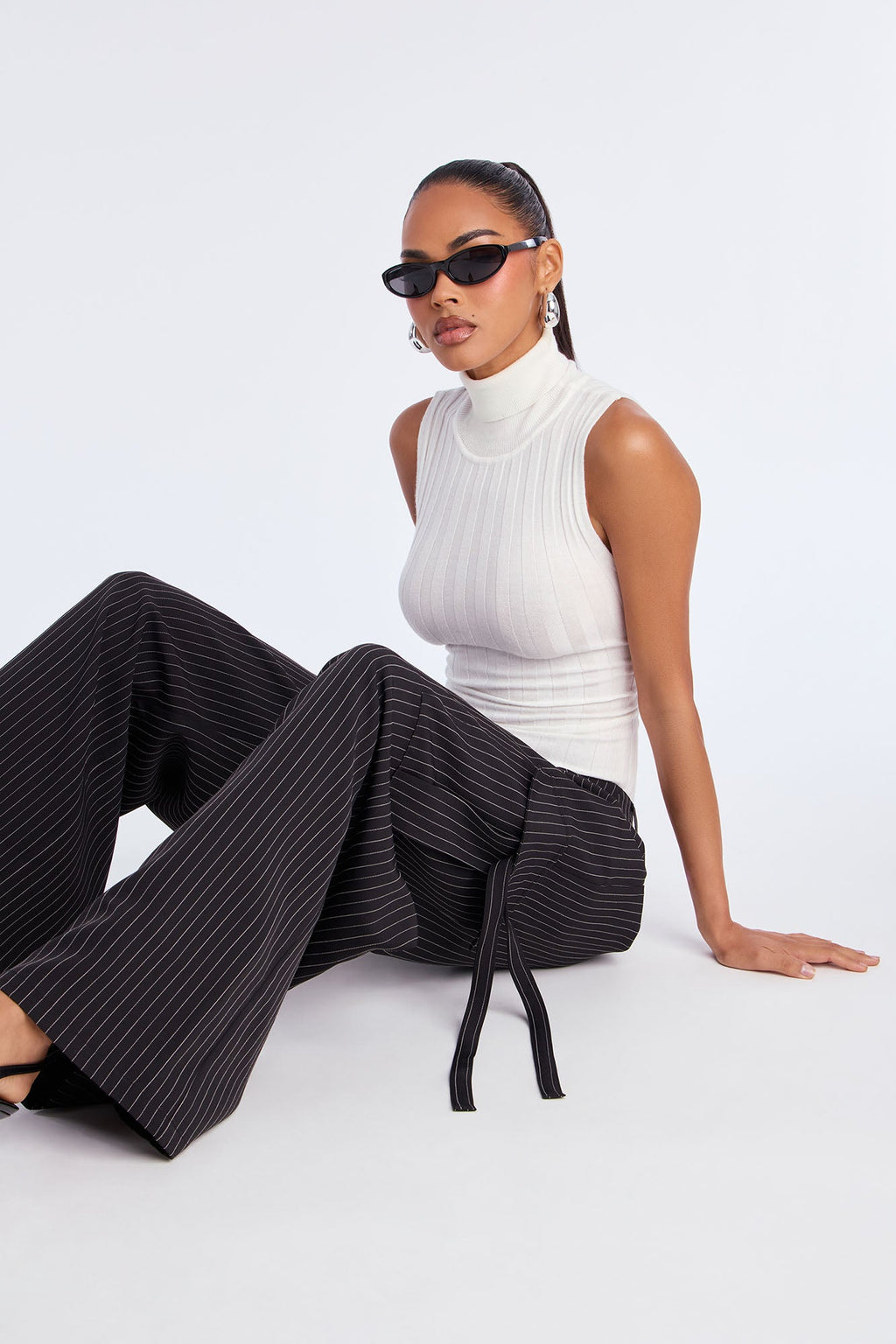 Atiya Pinstripe Wide Leg Cargo Pant 32″ - Black/White