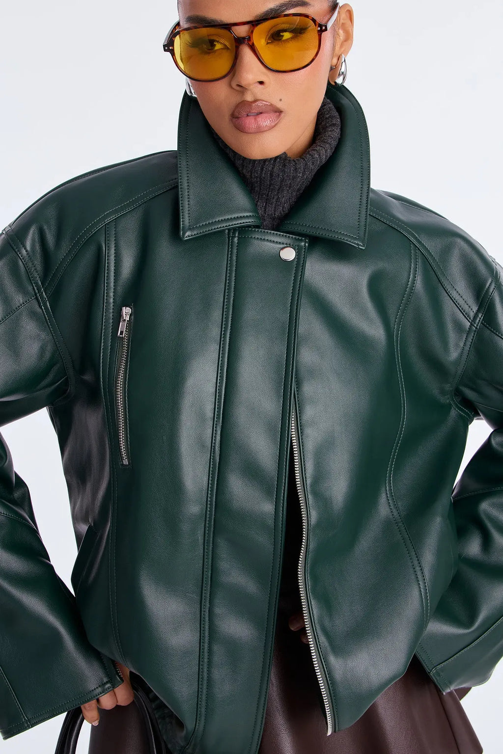 More To Come Faux Leather Bomber Jacket - Hunter 