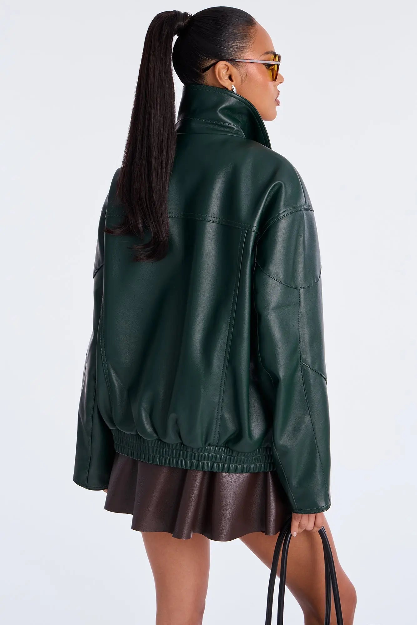 More To Come Faux Leather Bomber Jacket - Hunter 