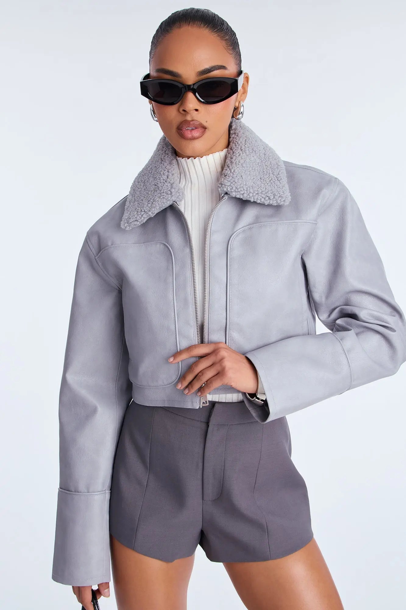 Fly High Faux Leather Cropped Jacket - Grey 