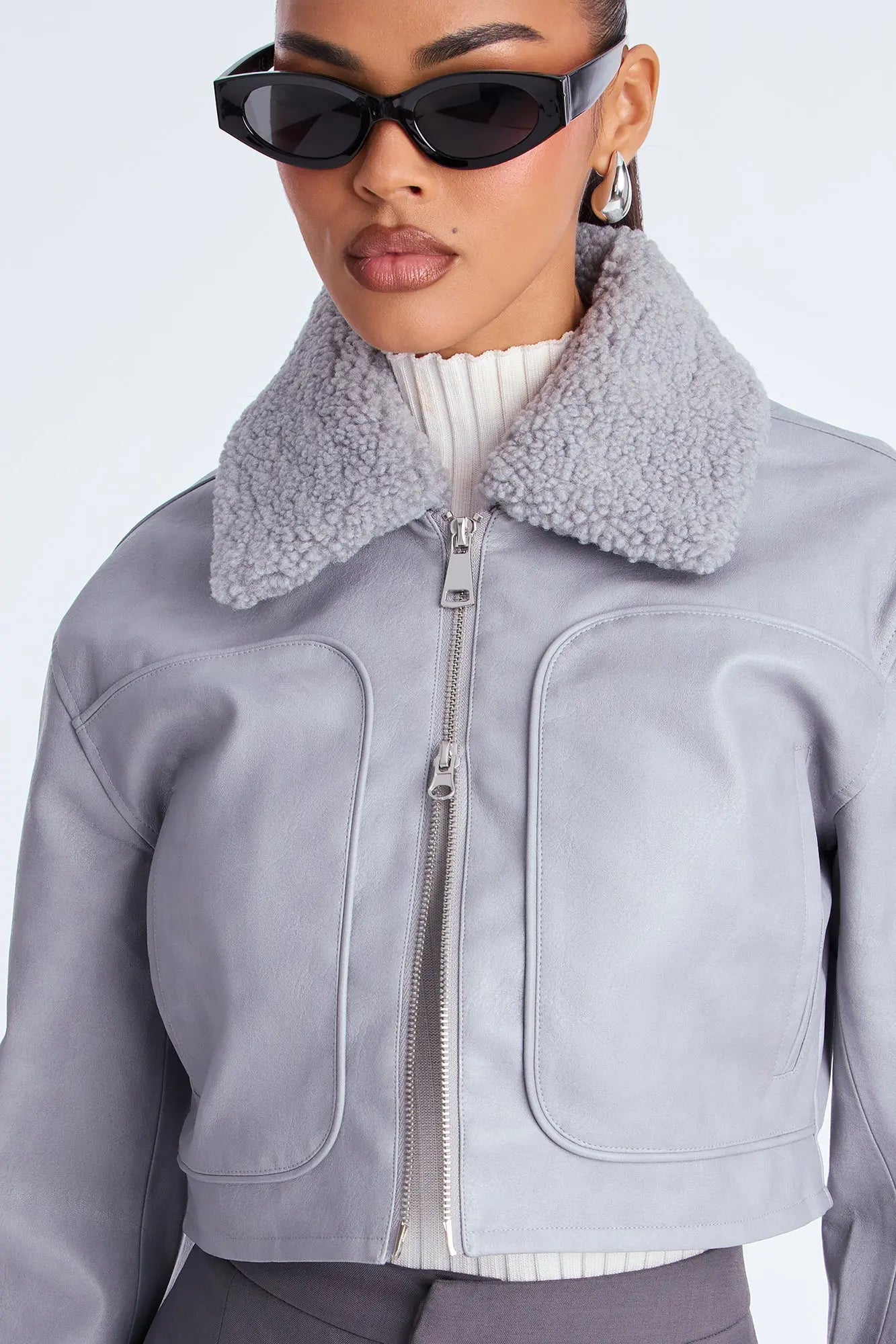 Fly High Faux Leather Cropped Jacket - Grey 