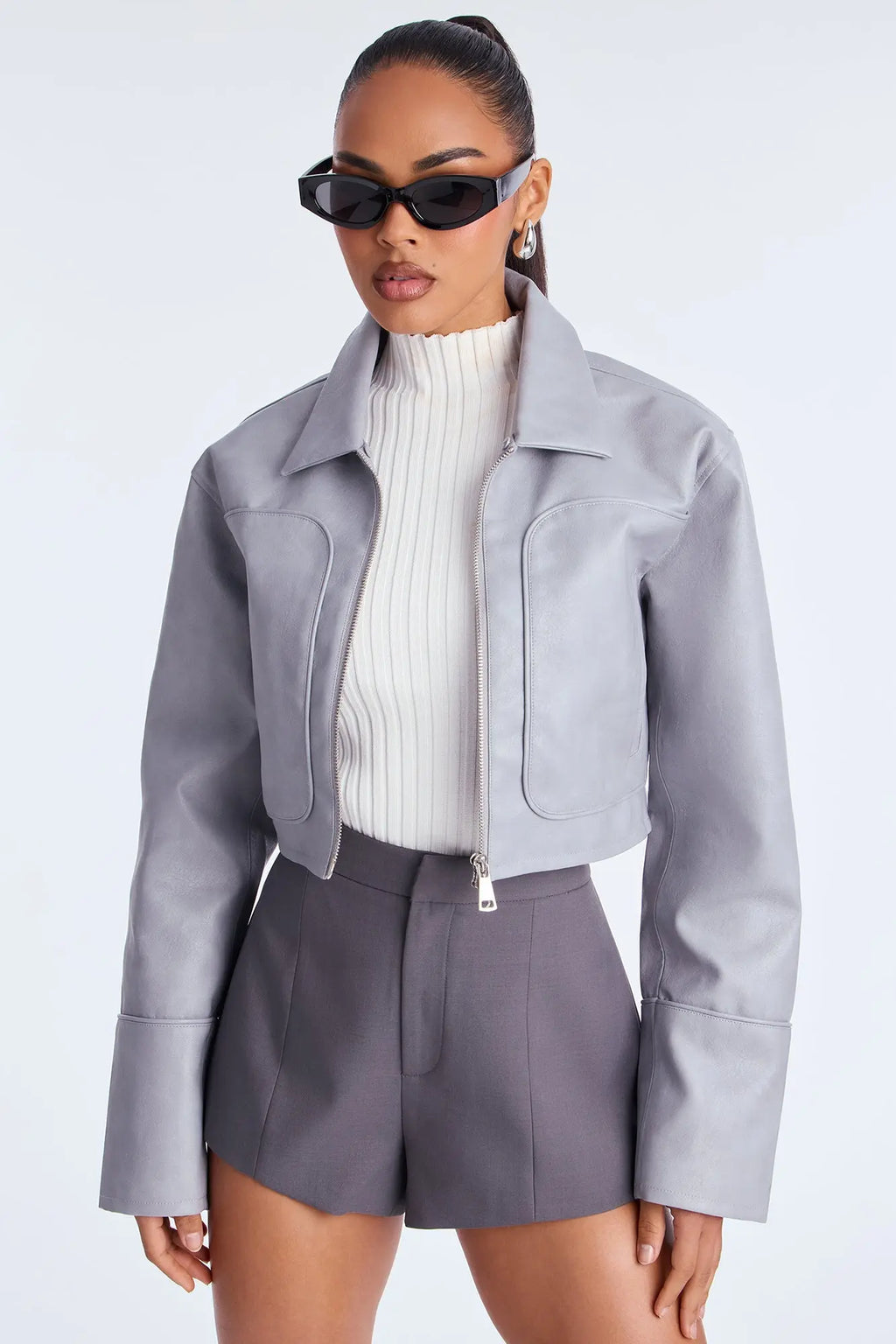 Fly High Faux Leather Cropped Jacket - Grey 