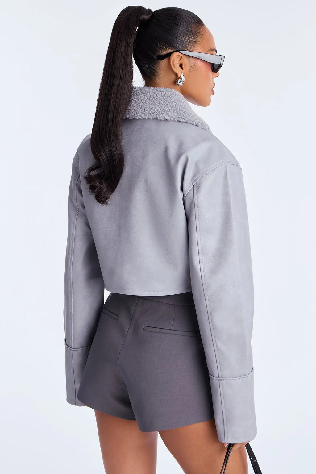 Fly High Faux Leather Cropped Jacket - Grey 