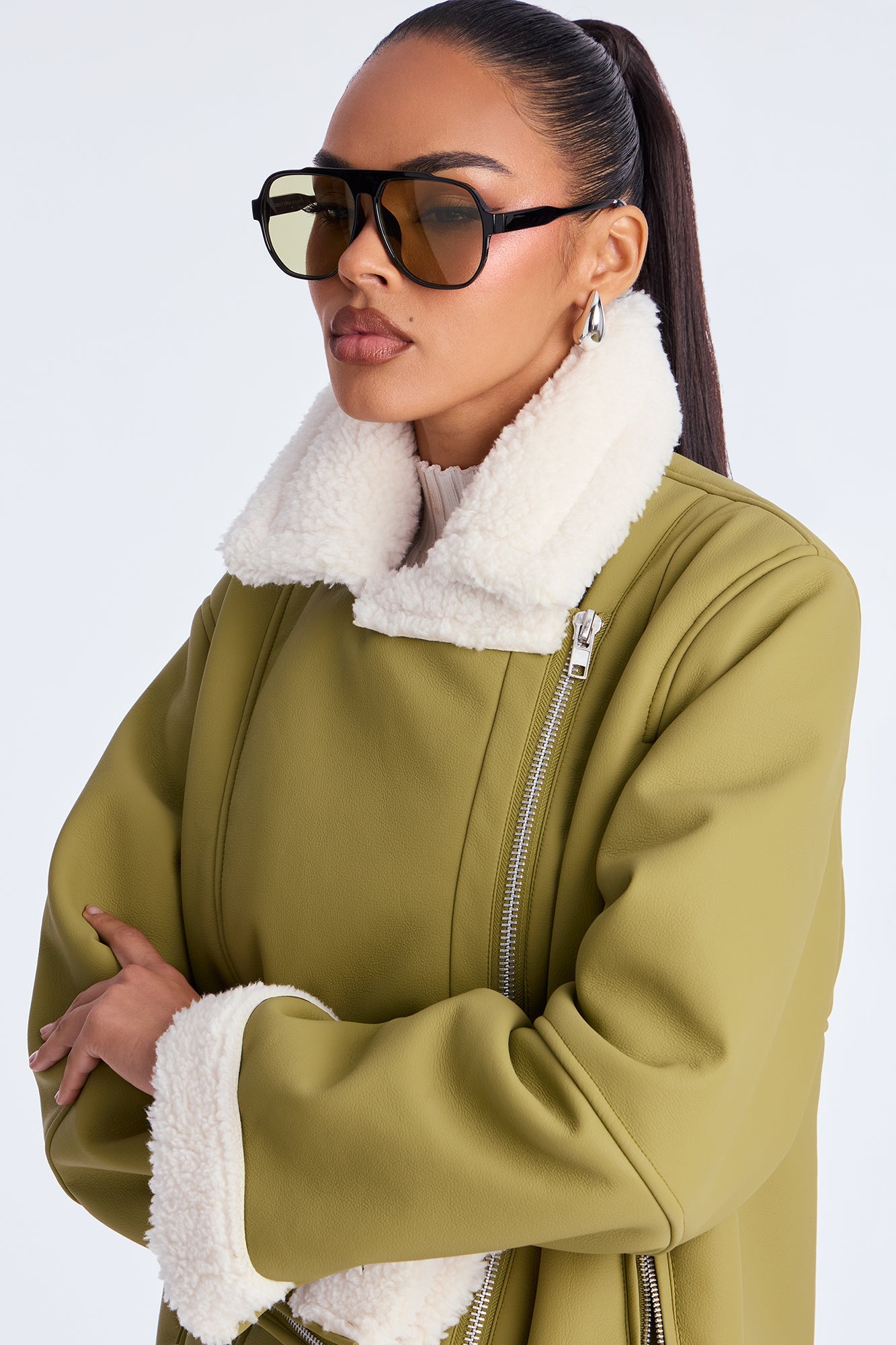 Simone Faux Leather Fur Lined Moto Jacket - Olive 