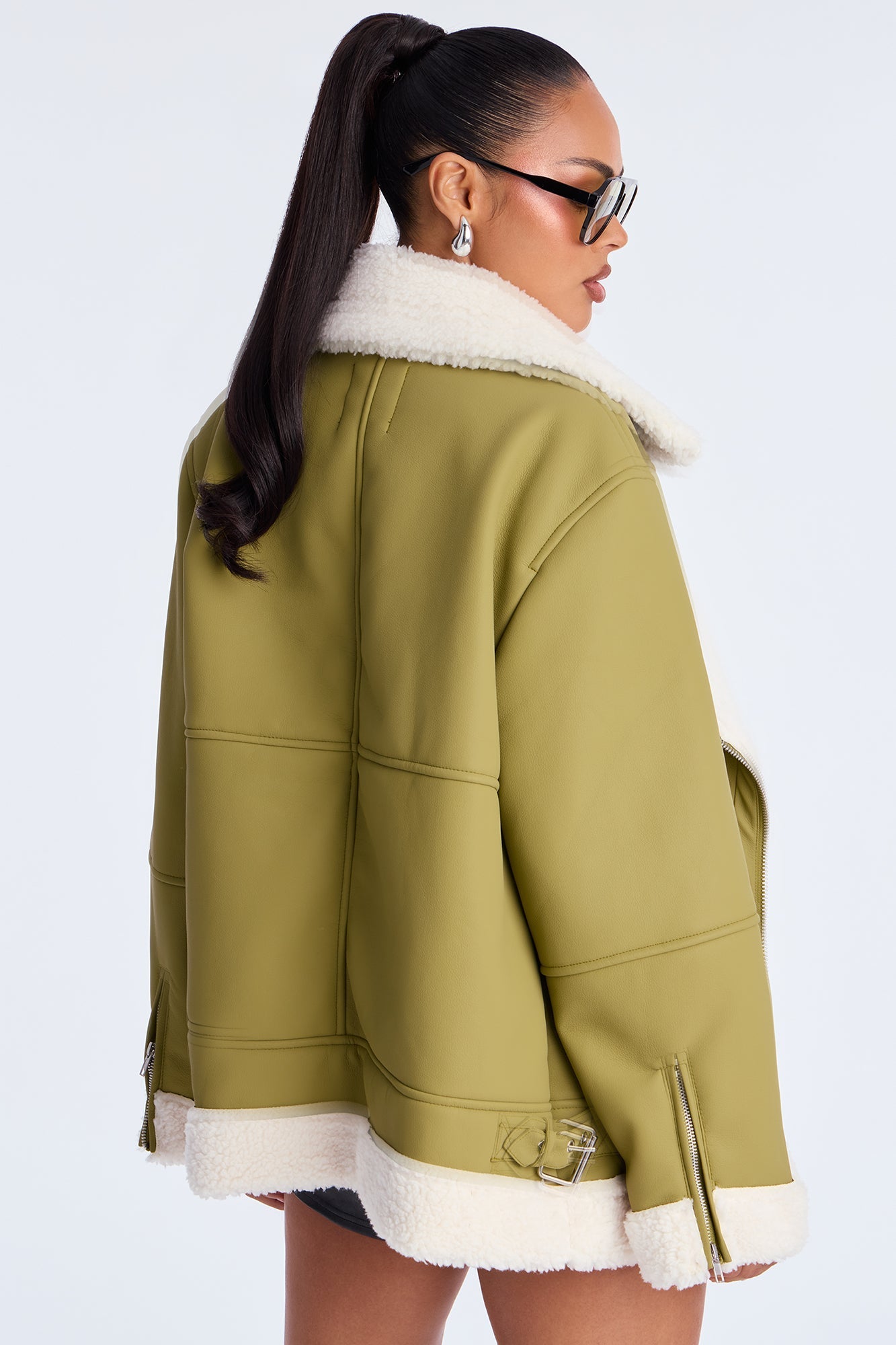 Simone Faux Leather Fur Lined Moto Jacket - Olive 
