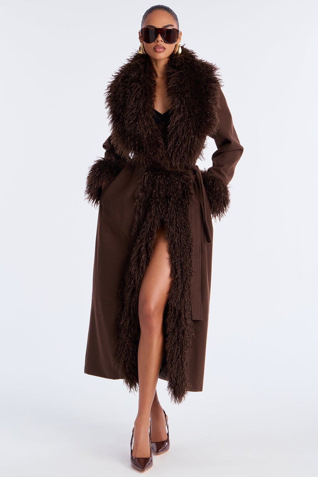 Downtown Manhattan Fur Trim Coat - Dark Brown 