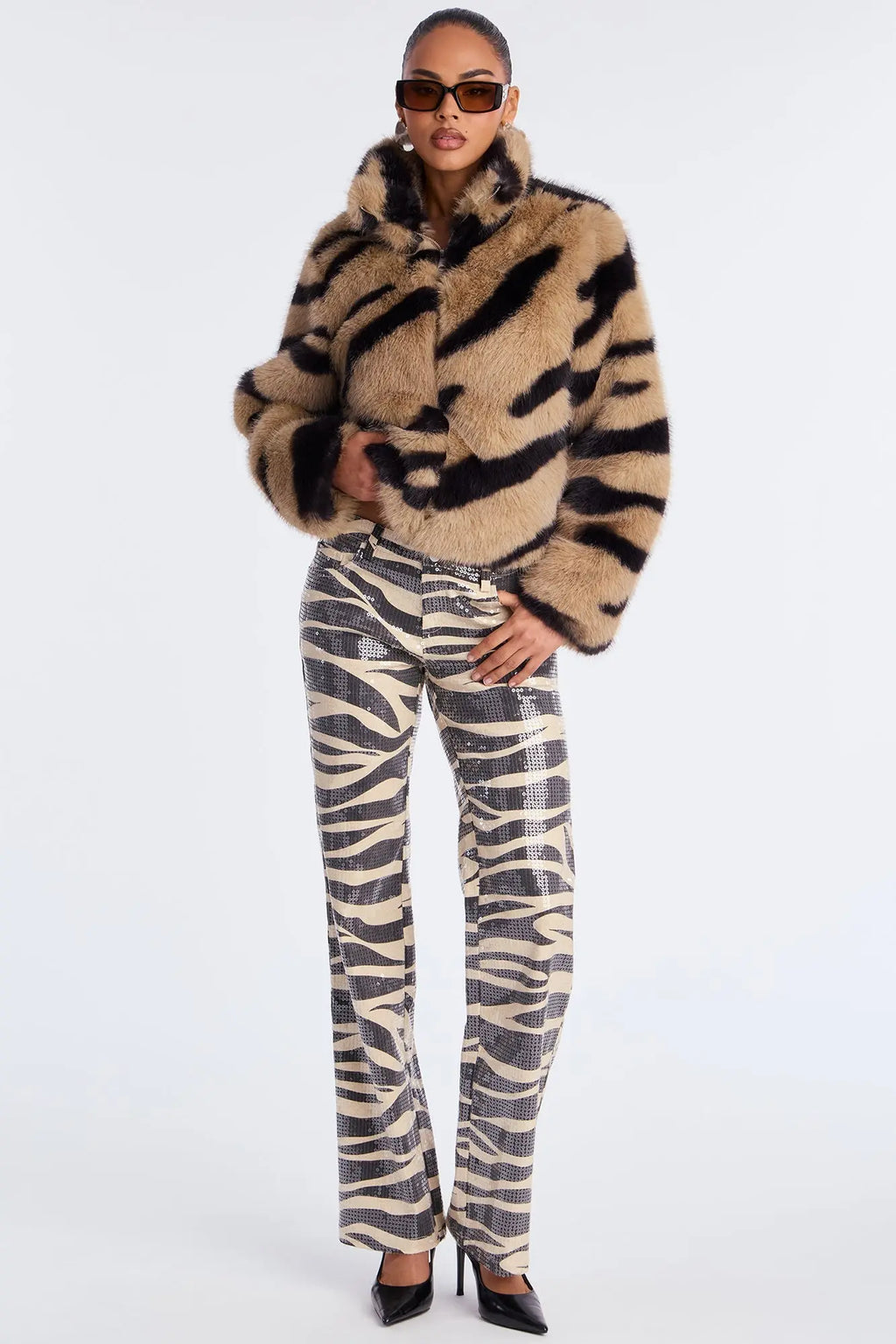 Savanna Whisper Faux Fur Animal Print Coat - Taupe/combo 