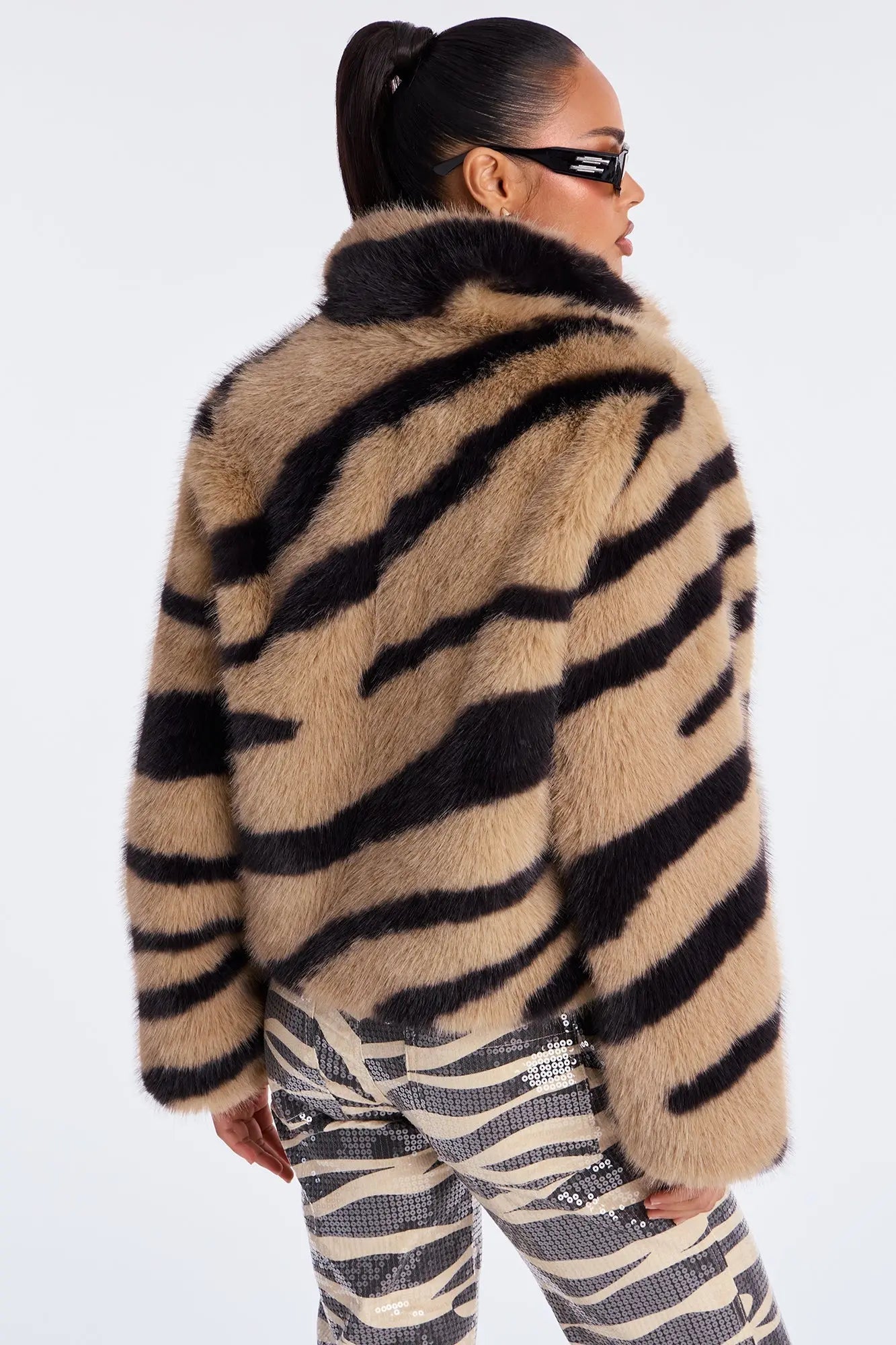 Savanna Whisper Faux Fur Animal Print Coat - Taupe/combo 