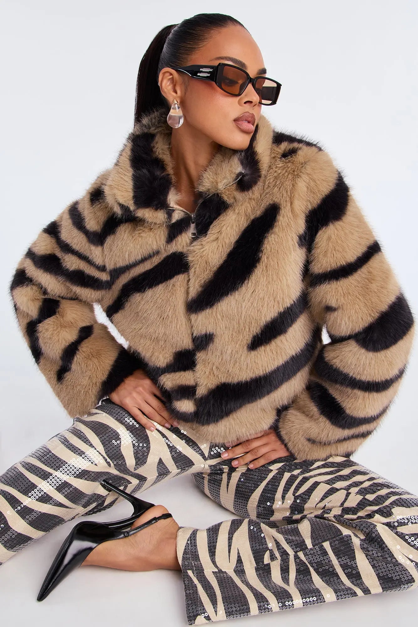 Savanna Whisper Faux Fur Animal Print Coat - Taupe/combo 