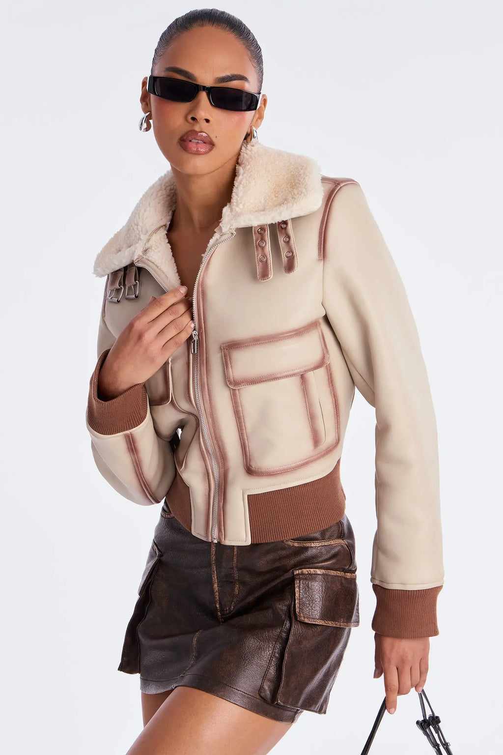 Juniper Washed Faux Leather Jacket - Beige/Brown 