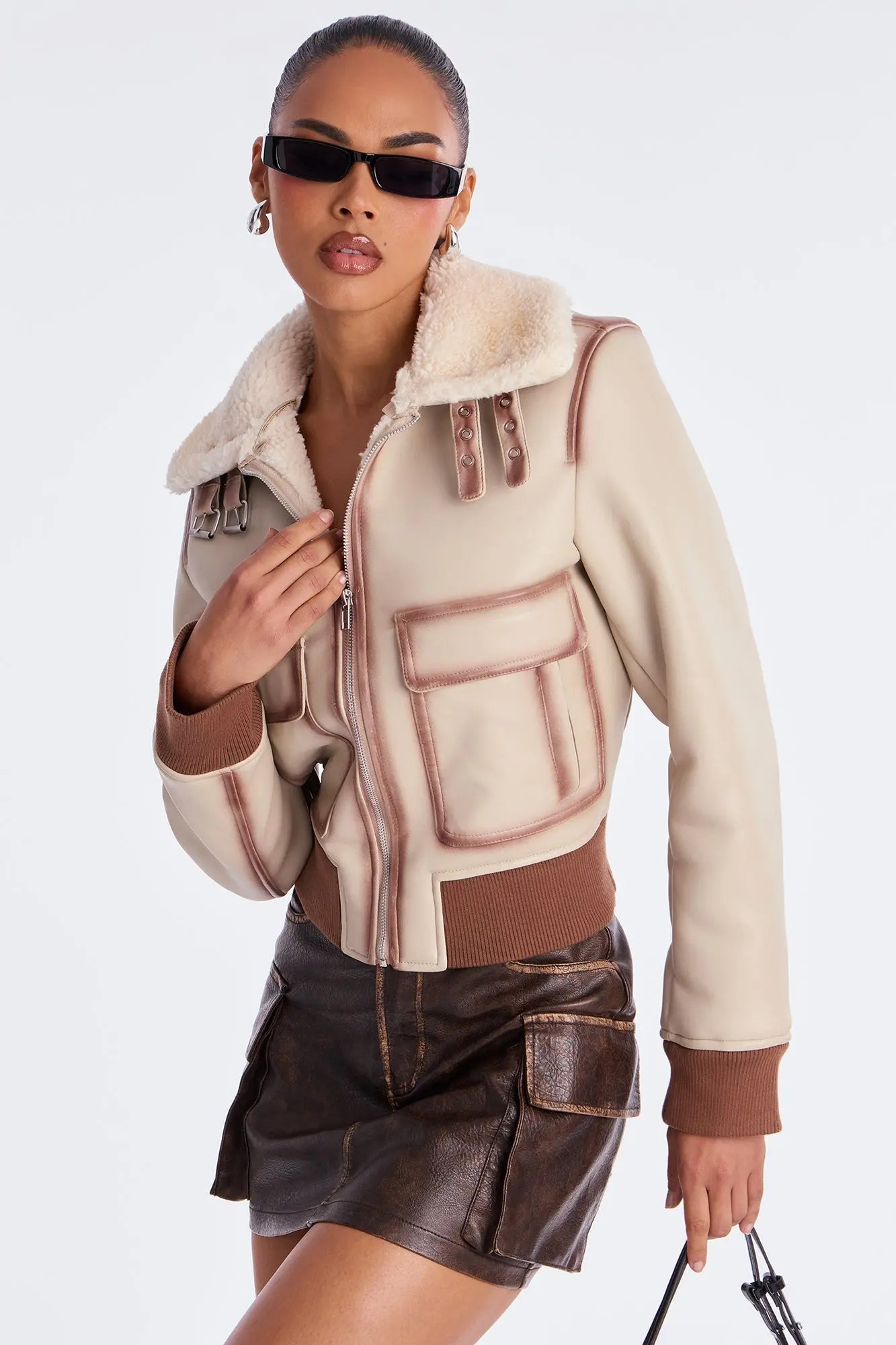 Juniper Washed Faux Leather Jacket - Beige/Brown 
